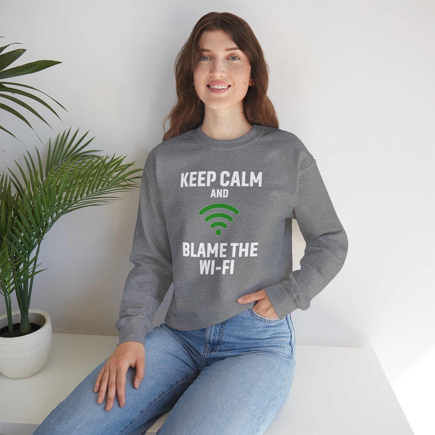 Keep Calm Blame the Wi-Fi Crewneck Sweatshirt | Funny Sweatshirt, Gift for Tech Lovers, Cozy Sweater for Home, Office Gift