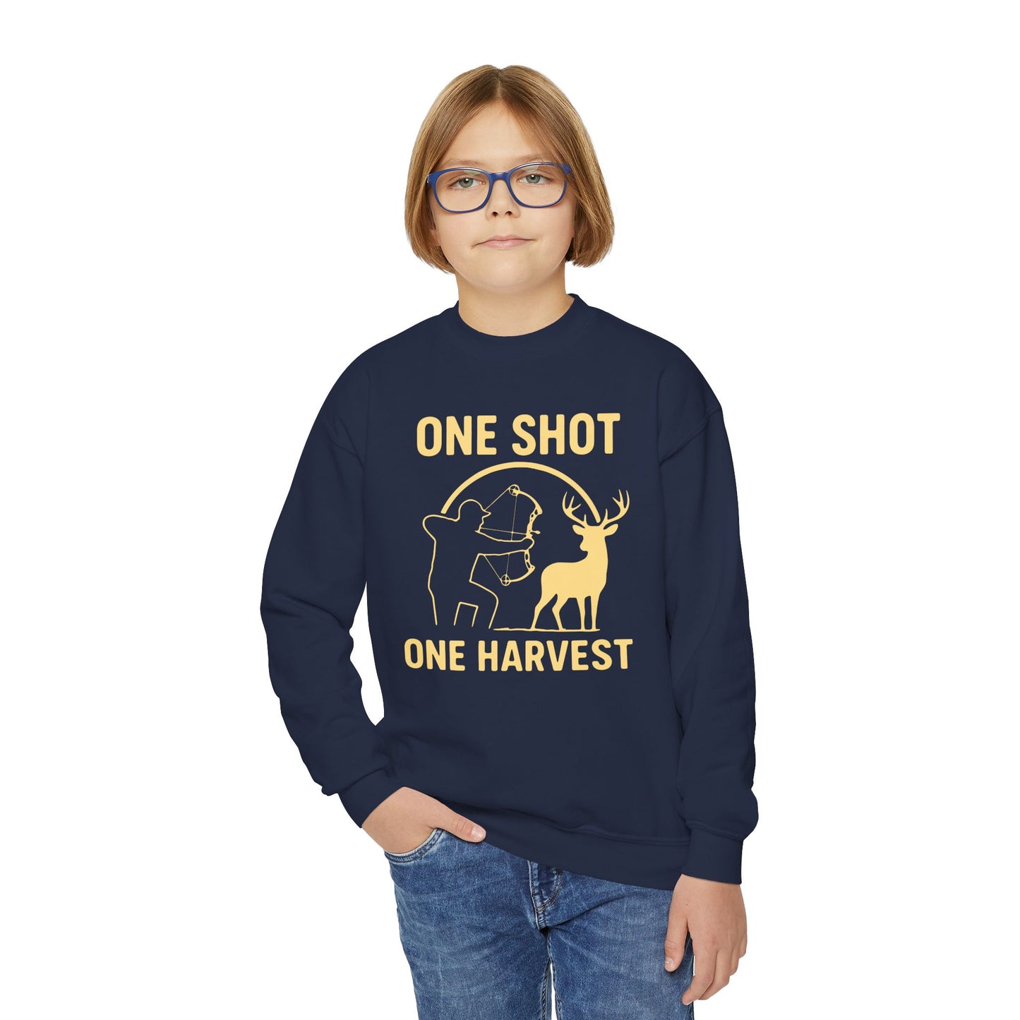 Youth Hunting Sweatshirt - One Shot One Harvest, Kids Outdoor Apparel, Fall Season Gift, Youth Crewneck Pullover, Birthday Gift