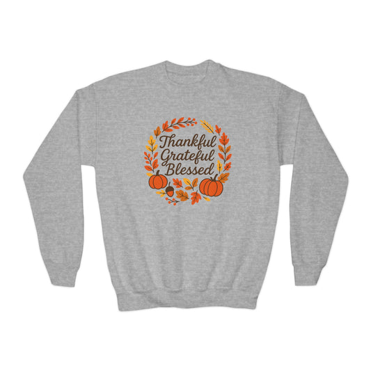 Thankful Grateful Blessed Youth Crewneck Sweatshirt, Fall Sweater, Thanksgiving Gift, Cozy Autumn Apparel, Cute Kids Sweatshirt
