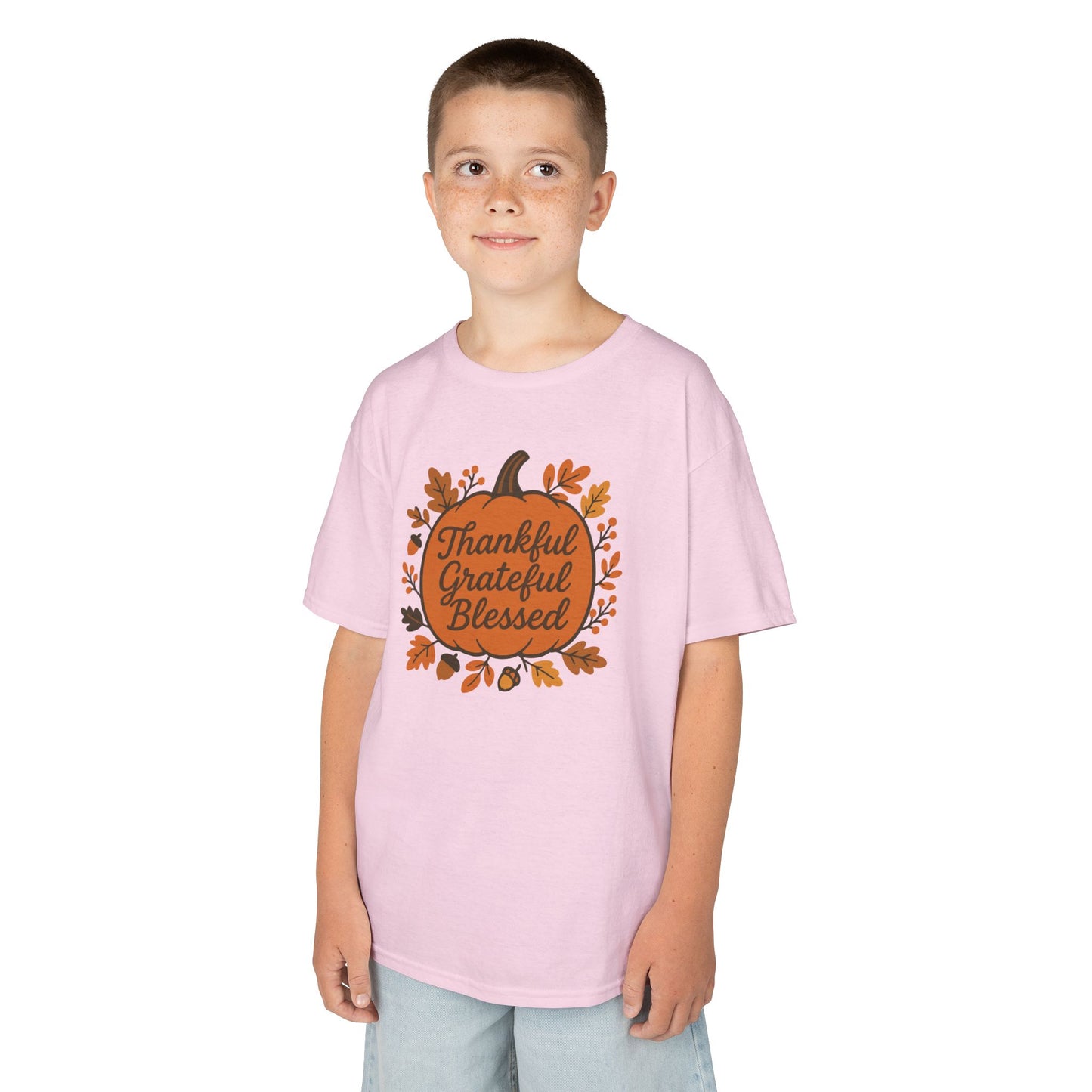 Thankful Grateful Blessed Kids Tee, Fall Shirt, Autumn Outfit, Thanksgiving Gift, Kids Cotton T-Shirt