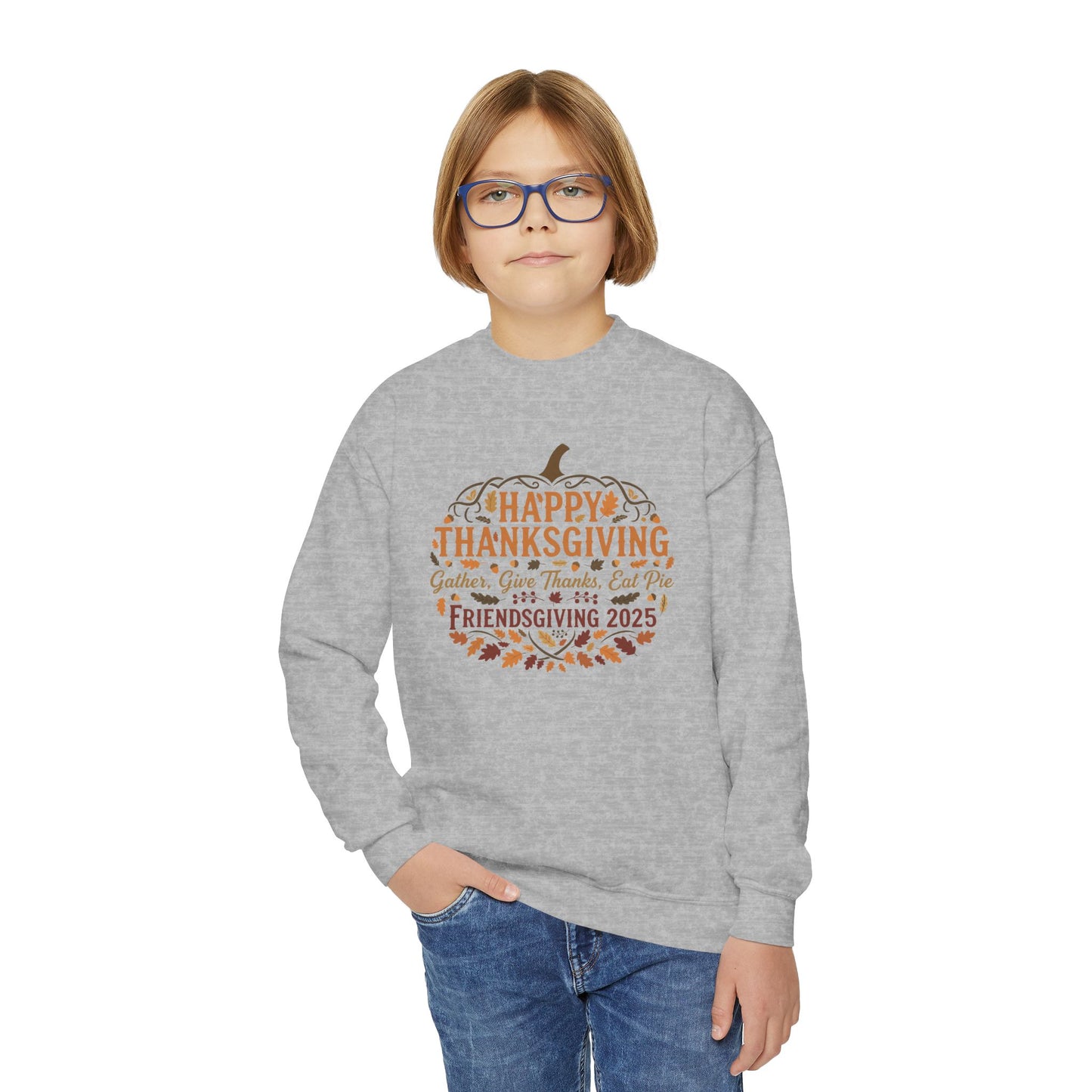 Happy Thanksgiving Youth Crewneck Sweatshirt, Fall Apparel, Pumpkin Design, Cozy Gift, Friendsgiving 2025
