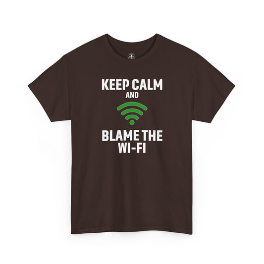 Keep Calm Blame the Wi-Fi Tee, Funny Unisex Heavy Cotton Tee, Perfect for Tech Lovers, Office Gifts, Internet Humor Shirt