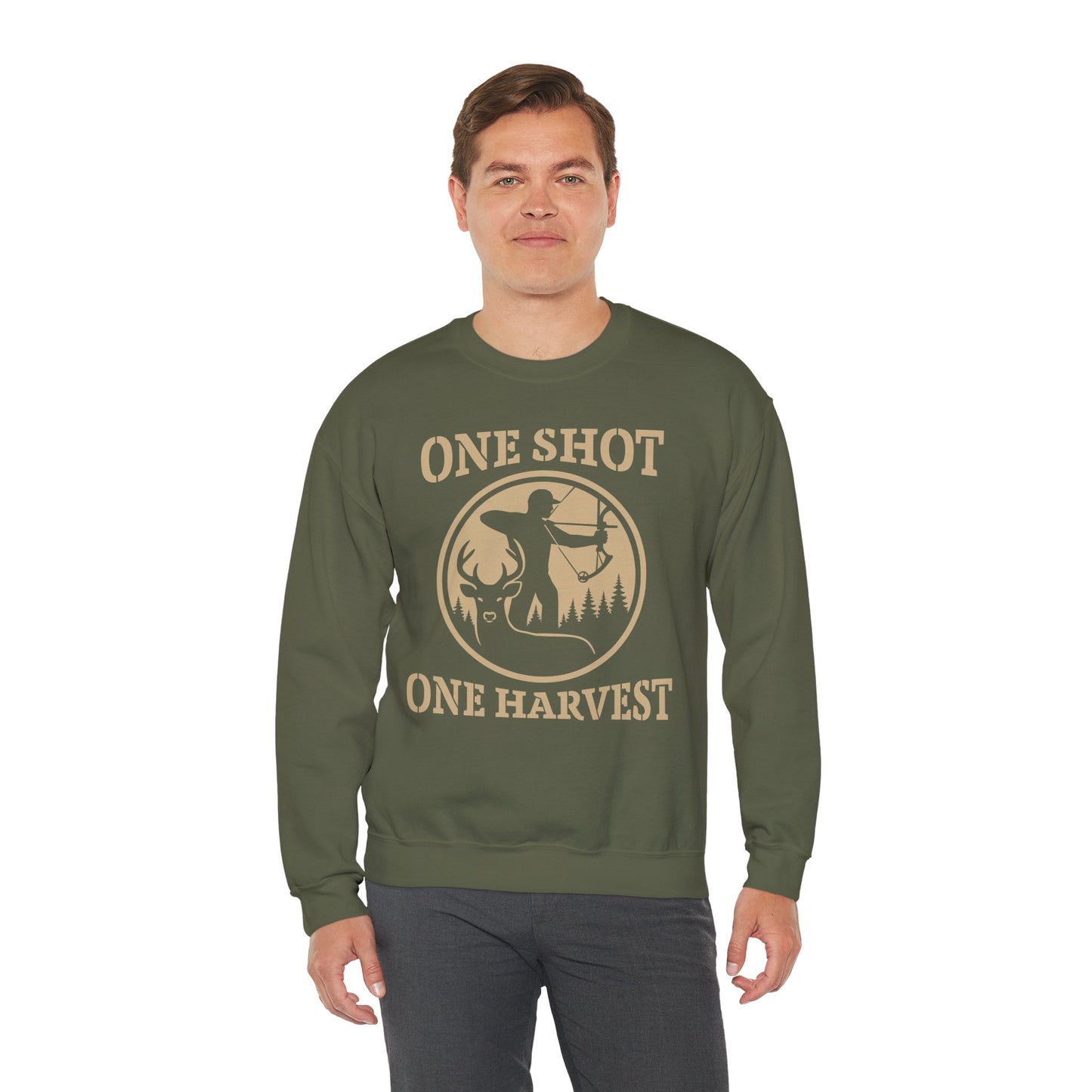 Rustic Hunter's Sweatshirt | One Shot One Harvest | Cozy Crewneck for Outdoor Lovers, Gift for Hunters, Fall Apparel, Nature Lover's Gift