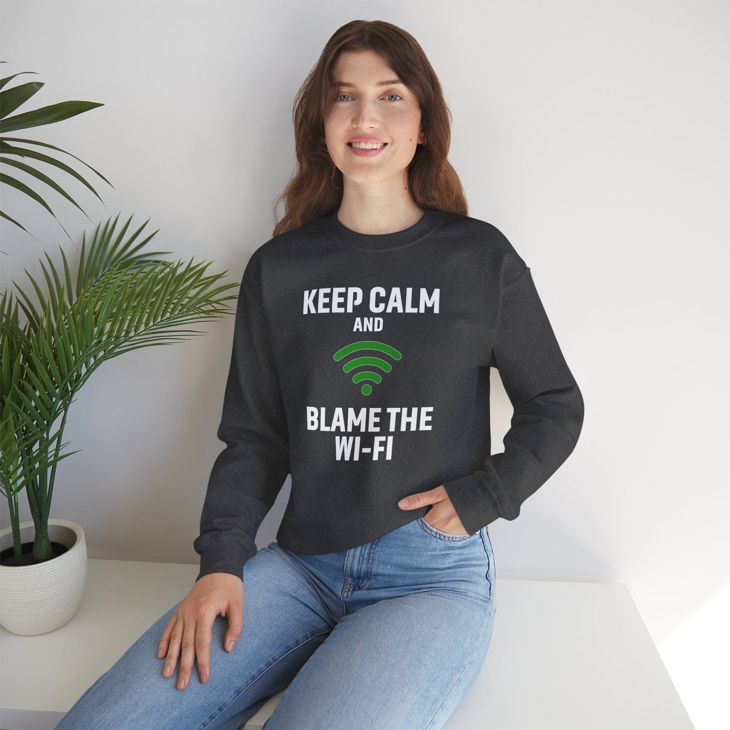 Keep Calm Blame the Wi-Fi Crewneck Sweatshirt | Funny Sweatshirt, Gift for Tech Lovers, Cozy Sweater for Home, Office Gift