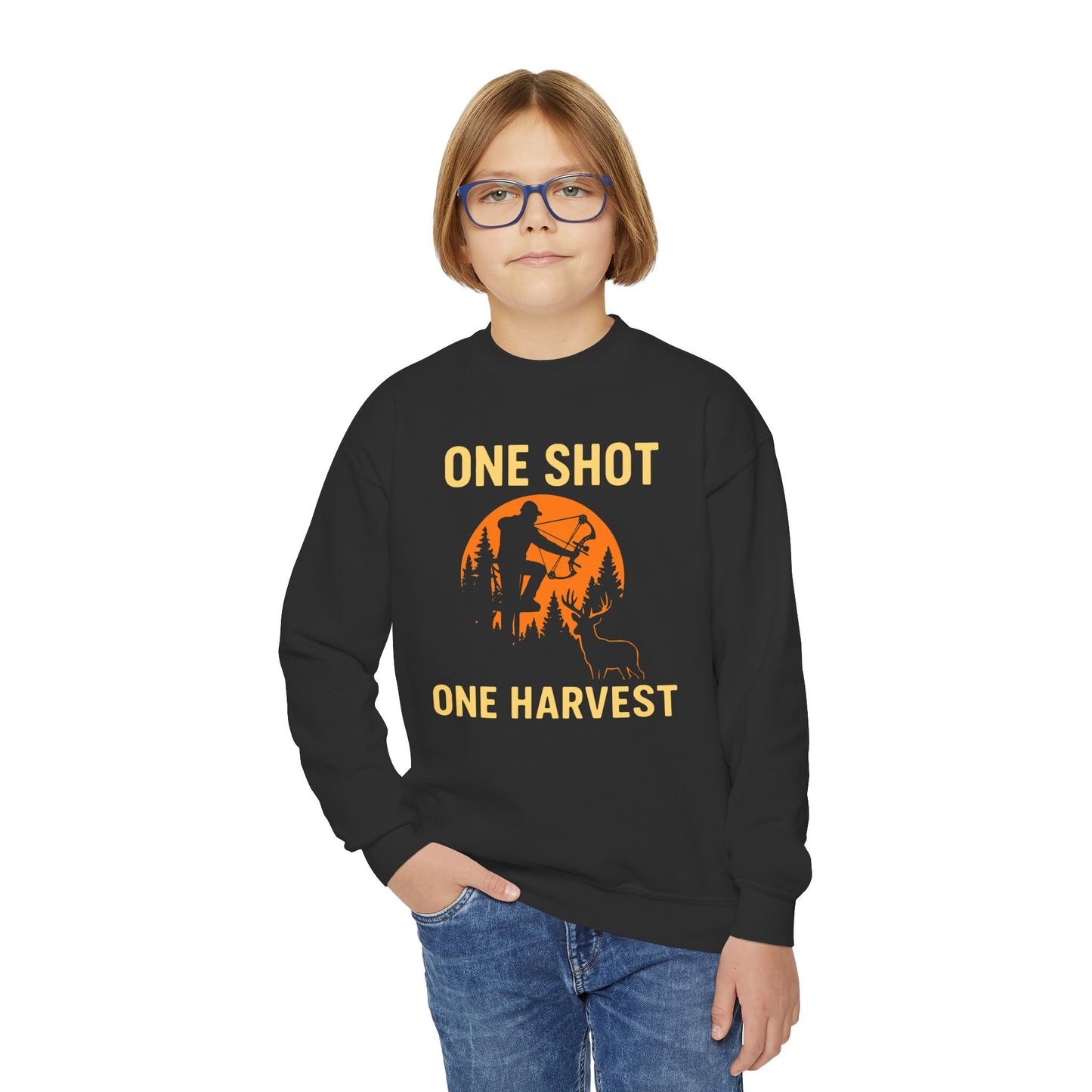 Hunting Vibes Youth Sweatshirt | One Shot One Harvest | Perfect for Young Outdoorsmen, Fall Gifts, Family Adventures, Sporty Style
