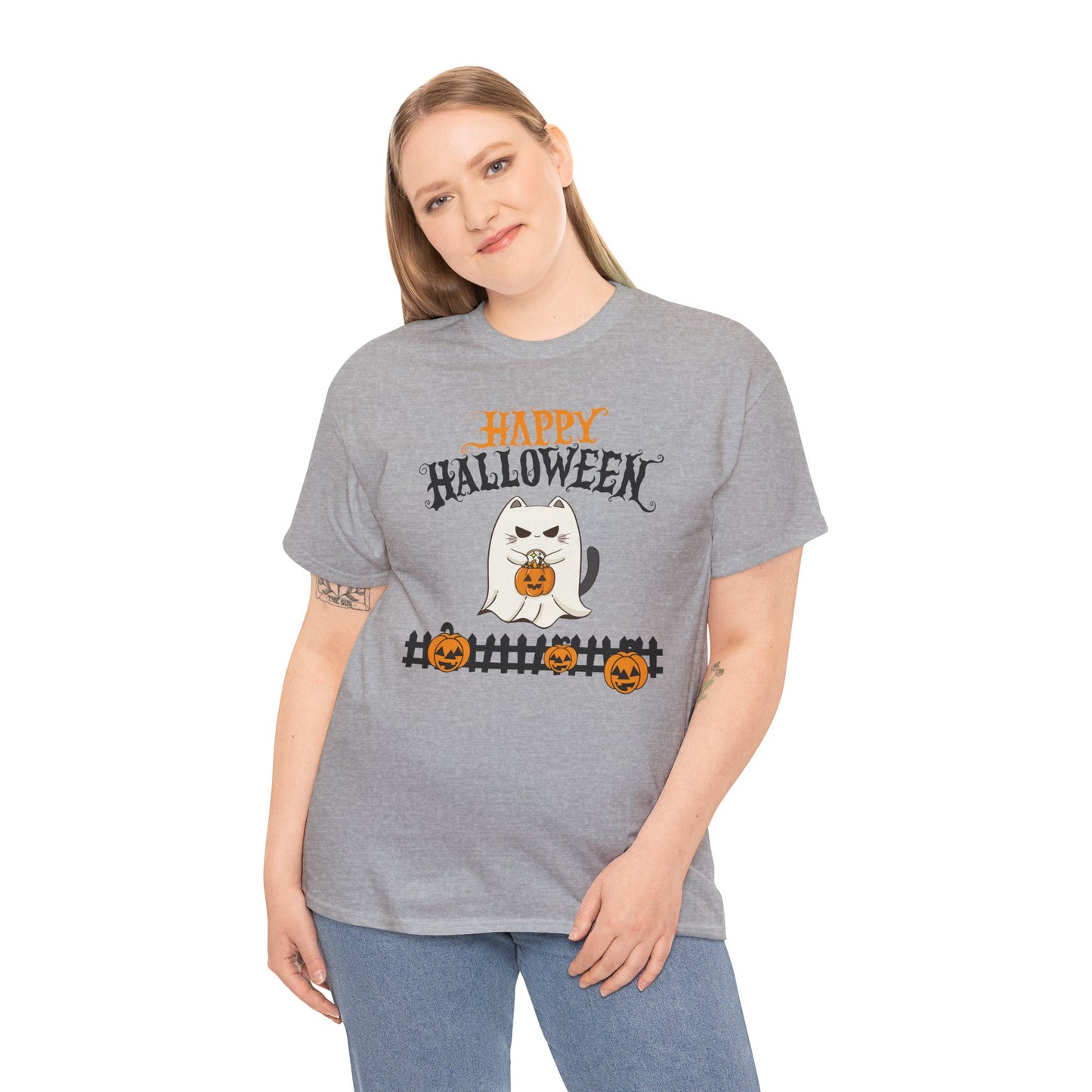 Halloween Cat Heavy Cotton Tee, Unisex, Spooky Fall Apparel, Cat Lover Shirt