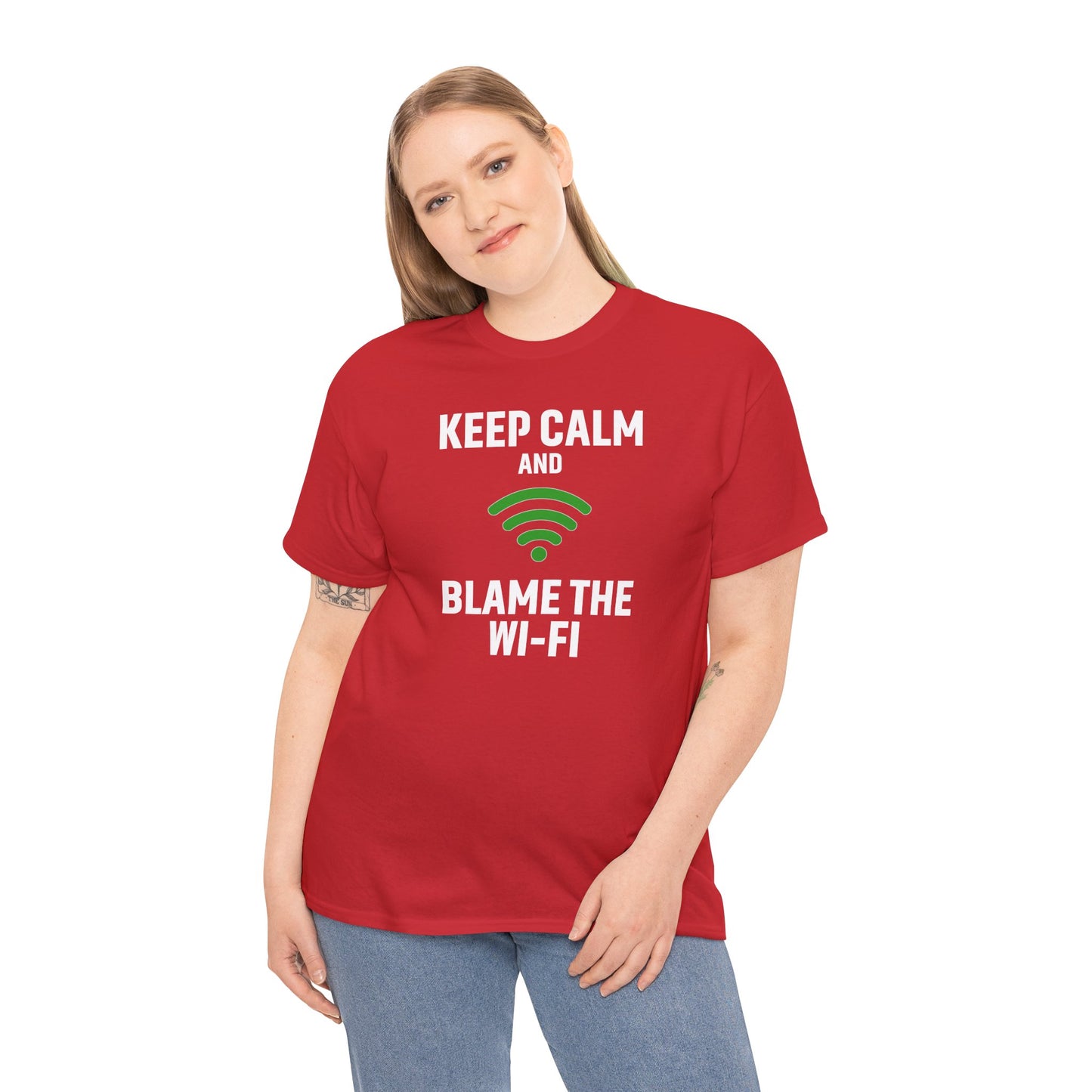 Keep Calm Blame the Wi-Fi Tee, Funny Unisex Heavy Cotton Tee, Perfect for Tech Lovers, Office Gifts, Internet Humor Shirt