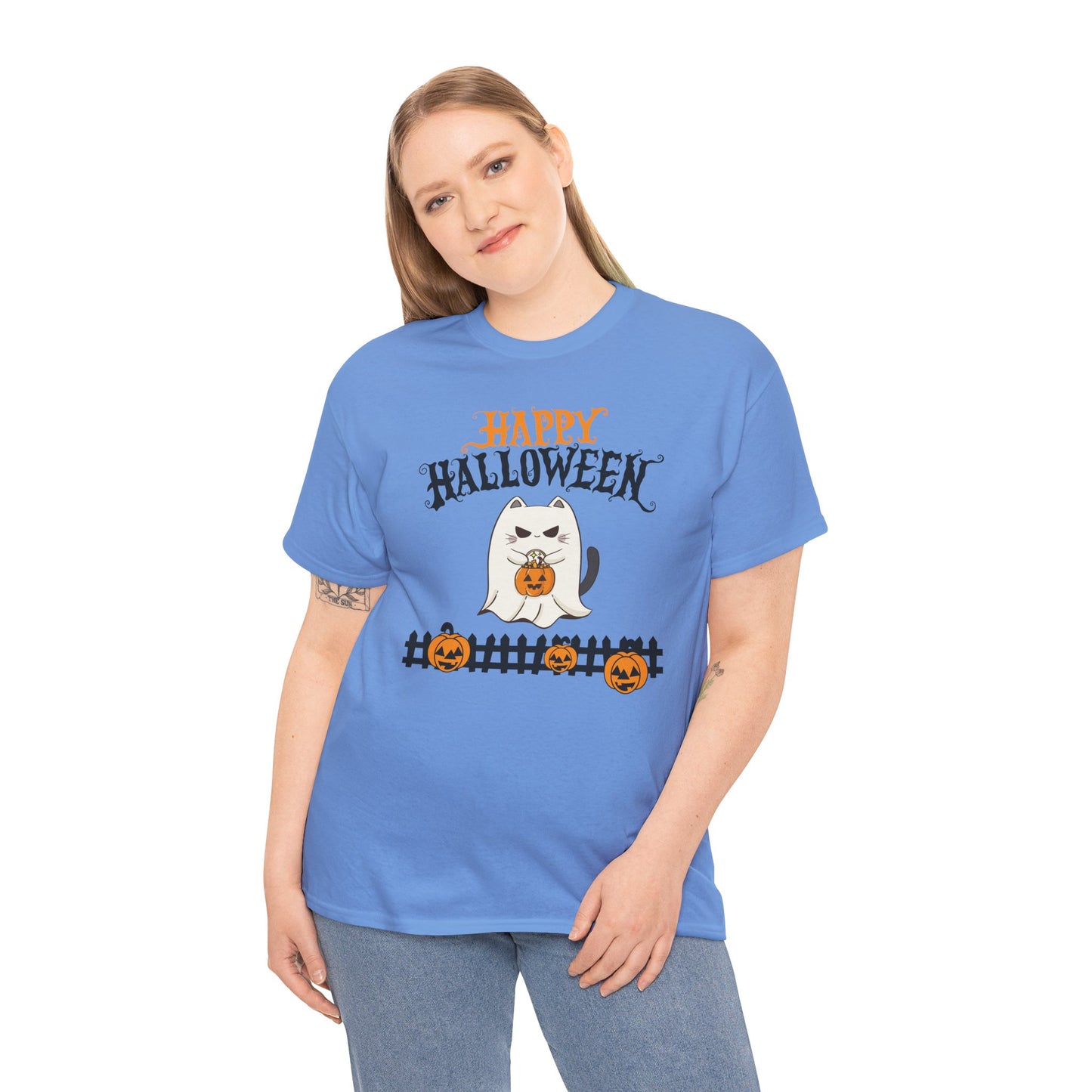 Halloween Cat Heavy Cotton Tee, Unisex, Spooky Fall Apparel, Cat Lover Shirt