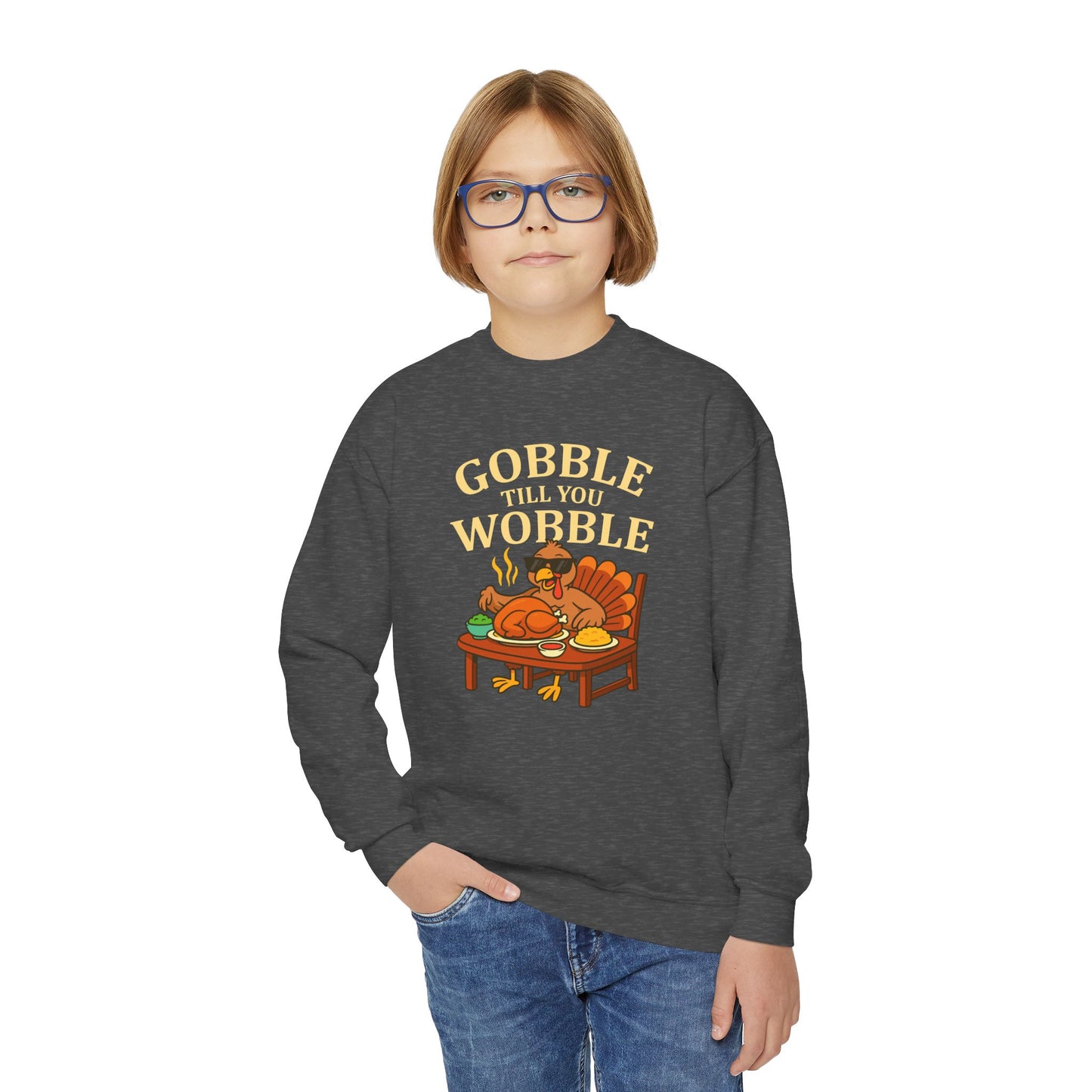 Youth Crewneck Sweatshirt - Gobble Till You Wobble, Thanksgiving Gift, Fall Fashion, Youth Apparel, Cozy Sweater, Holiday Wear