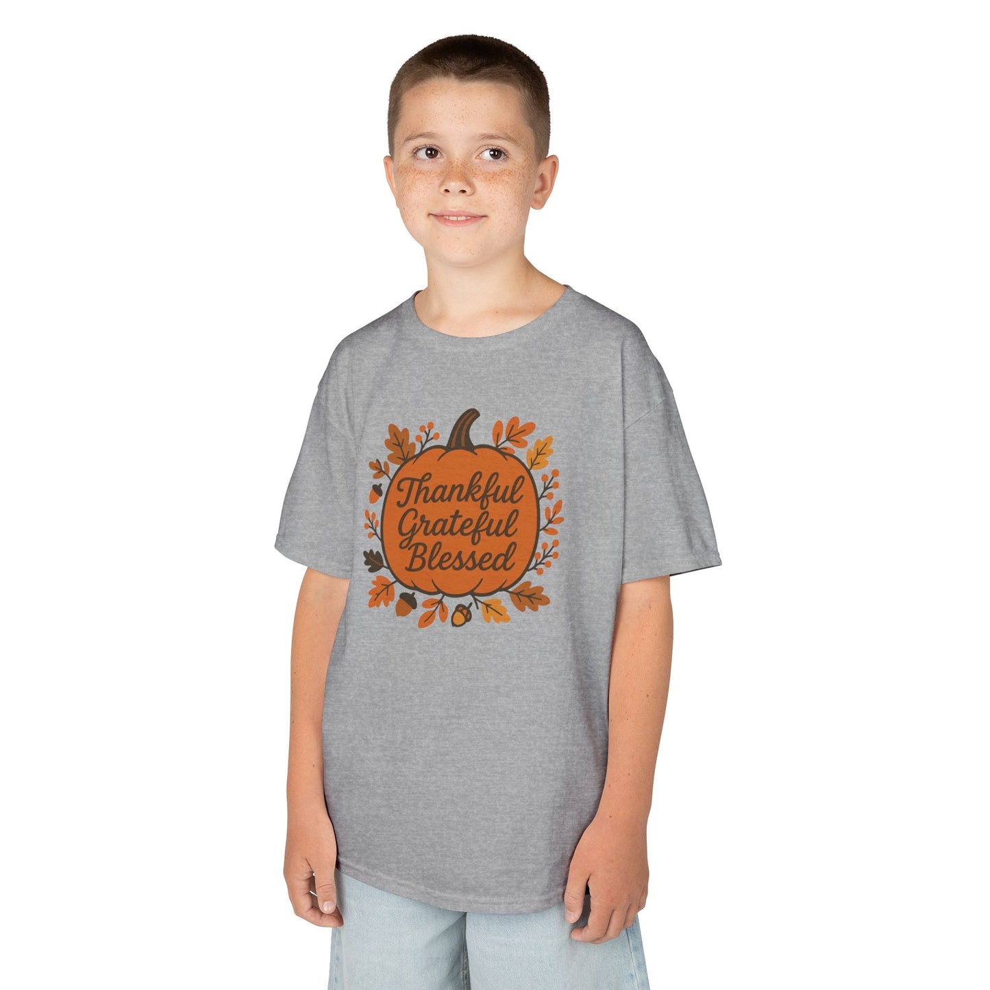 Thankful Grateful Blessed Kids Tee, Fall Shirt, Autumn Outfit, Thanksgiving Gift, Kids Cotton T-Shirt