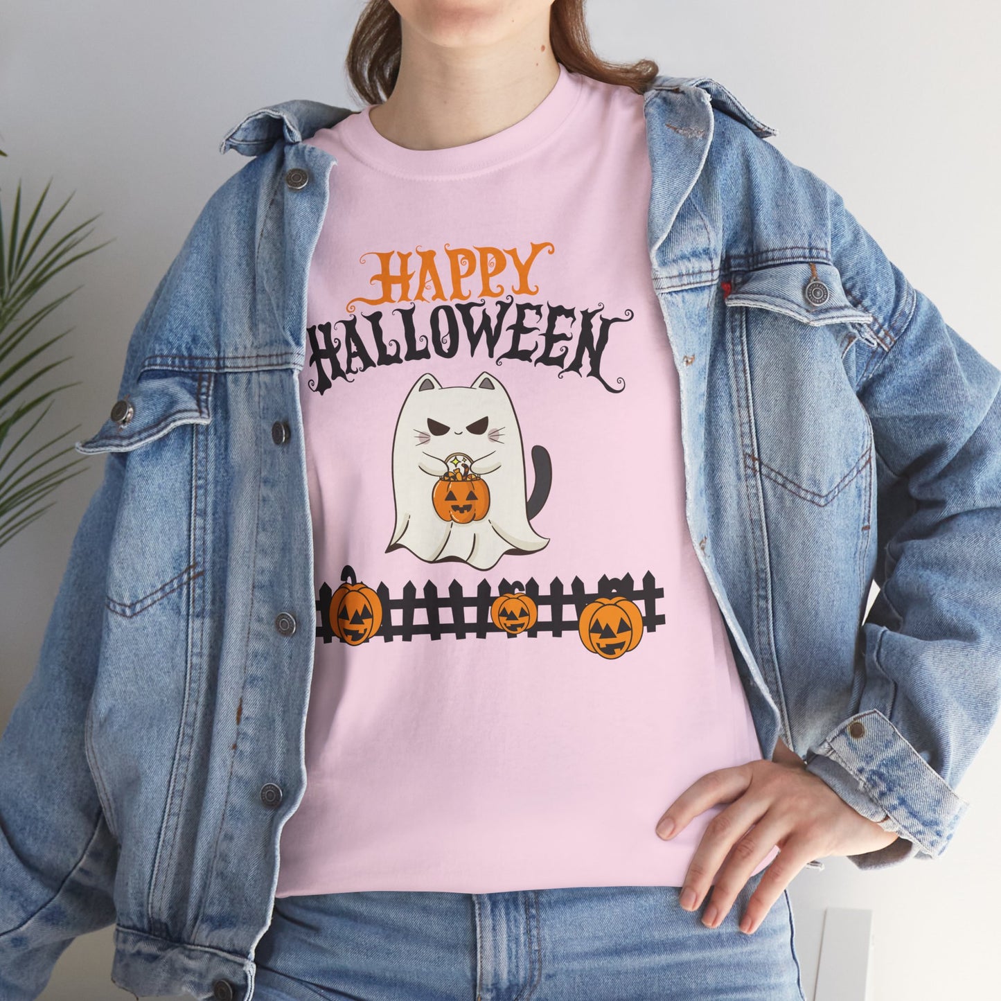 Halloween Cat Heavy Cotton Tee, Unisex, Spooky Fall Apparel, Cat Lover Shirt