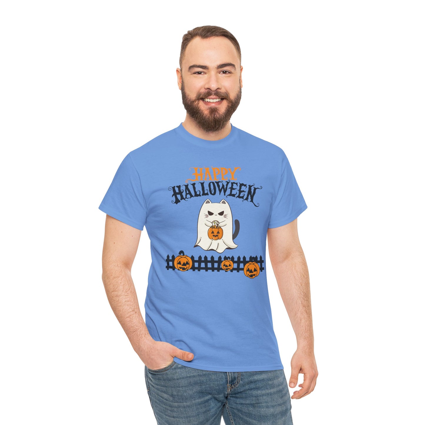 Halloween Cat Heavy Cotton Tee, Unisex, Spooky Fall Apparel, Cat Lover Shirt