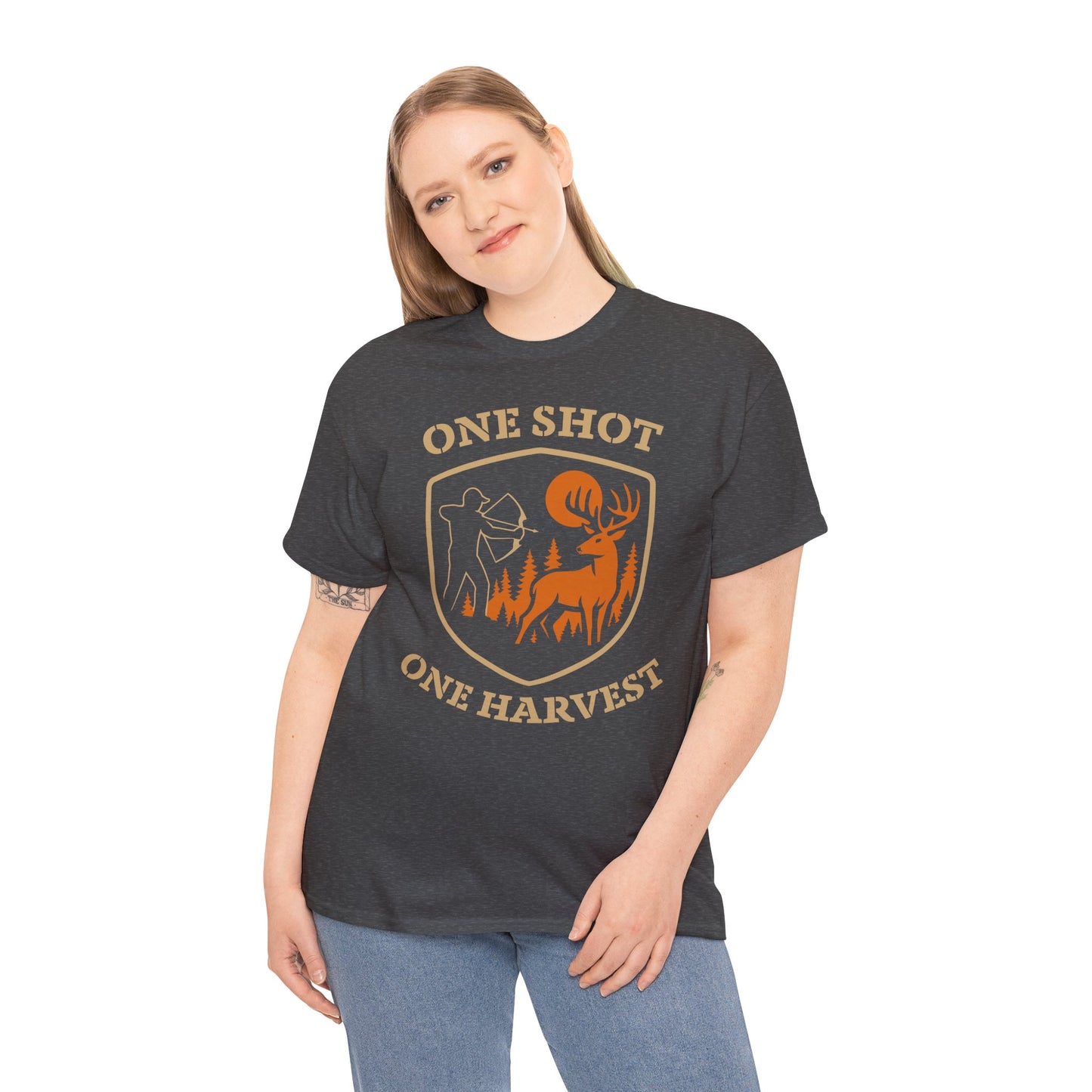 Hunting Tee Shirt, One Shot One Harvest Graphic Shirt, Outdoor Apparel, Gift for Hunters, Casual Wear, Hunting Season T-Shirt