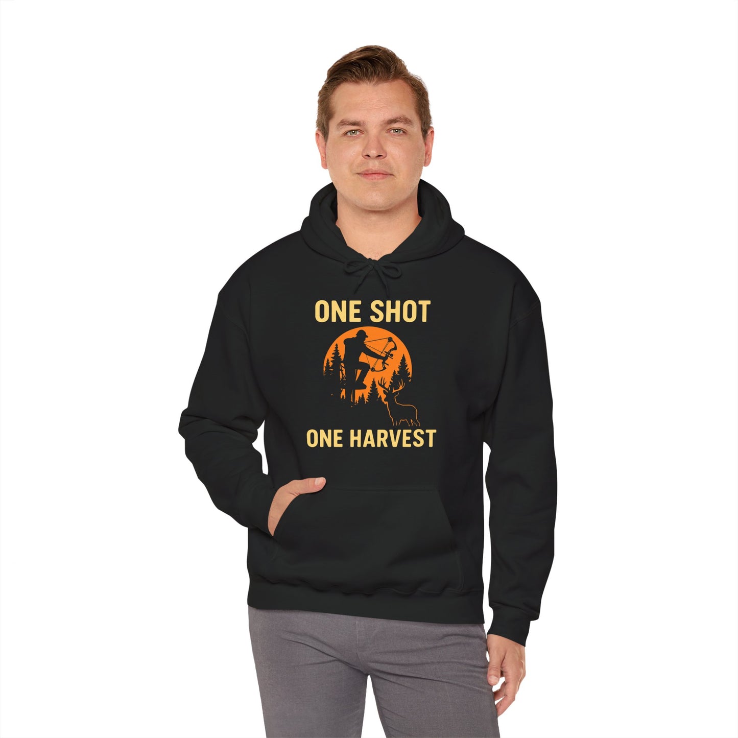 Hunting Theme Unisex Hoodie, One Shot One Harvest, Fall Apparel, Outdoor Gear, Gift for Hunters, Cozy Hoodie