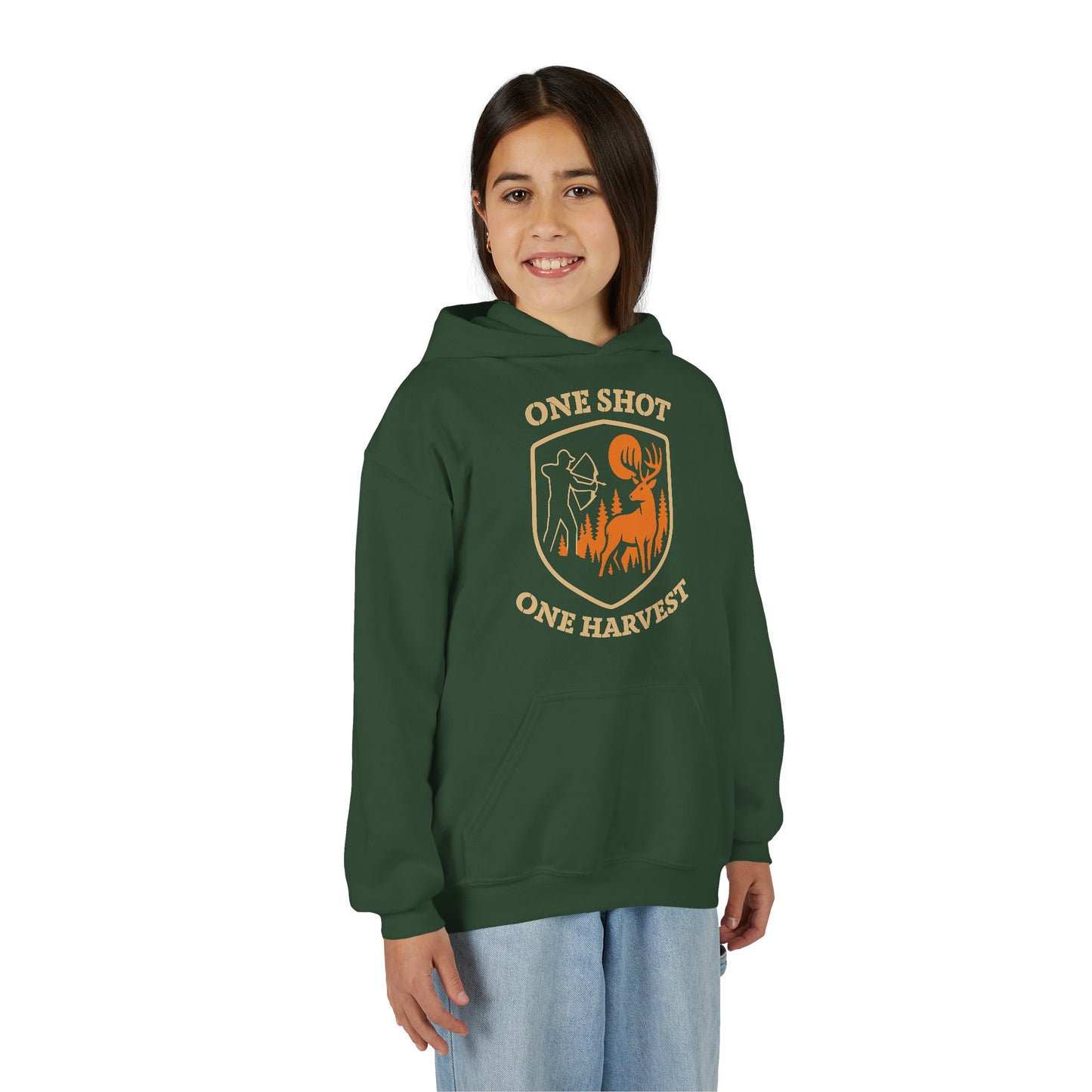 Hunting-themed Youth Hoodie, One Shot One Harvest Sweatshirt, Outdoor Gift for Teens, Fall Fashion for Kids, Perfect for Thanksgiving