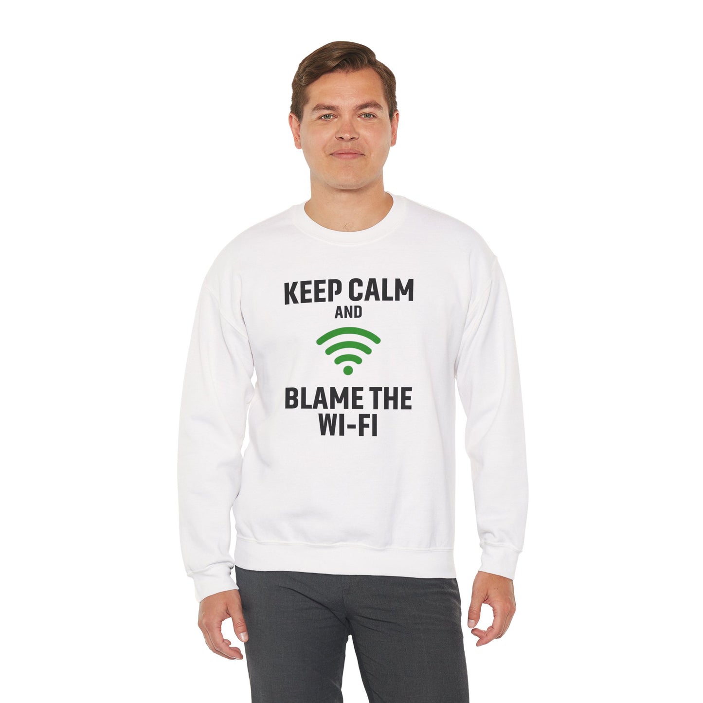 Keep Calm Blame the WiFi Funny  Sweatshirt, Geeky Crewneck, Internet Humor Apparel, Gift for Tech Lovers, Cozy Lounge Wear