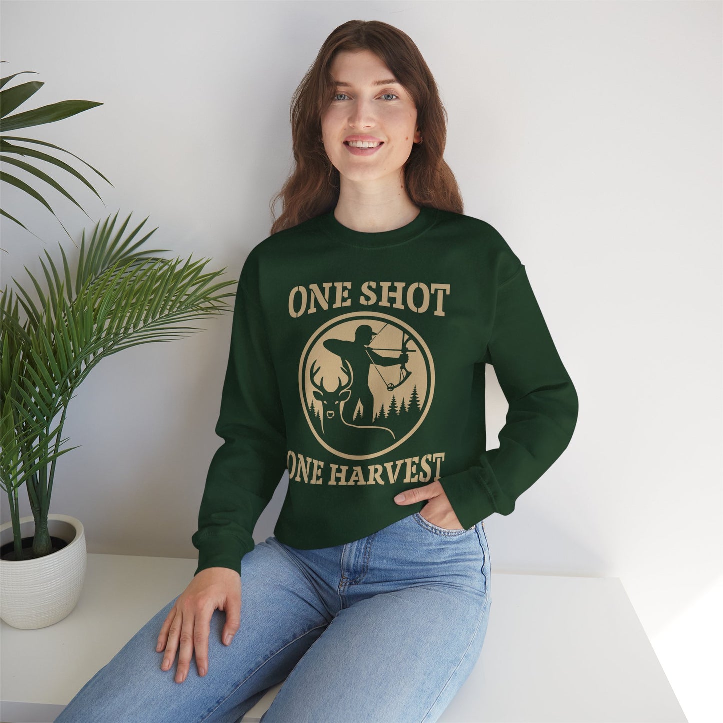 Rustic Hunter's Sweatshirt | One Shot One Harvest | Cozy Crewneck for Outdoor Lovers, Gift for Hunters, Fall Apparel, Nature Lover's Gift