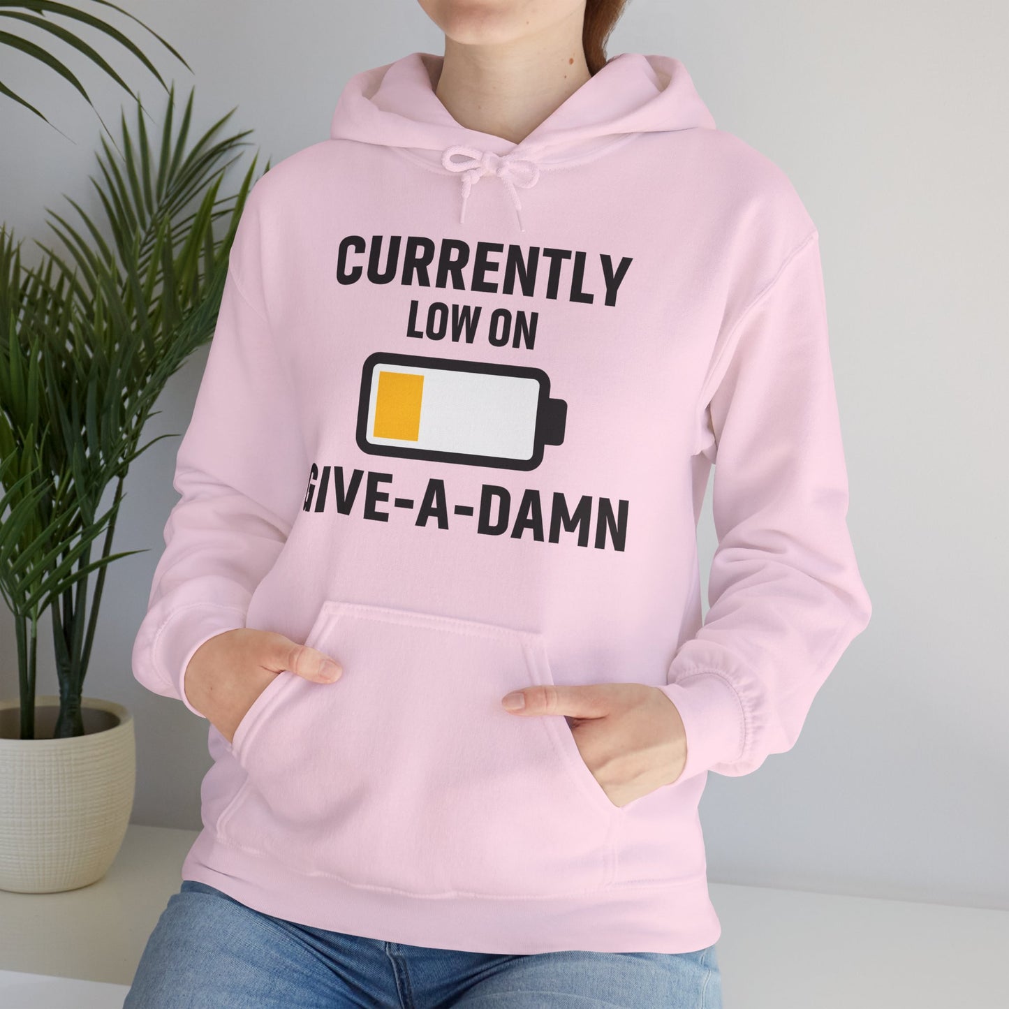 Currently Low On Give-A-Damn Unisex Hoodie | Casual Gift for Office Friends, Cozy Hoodie for Laughs, Humorous Apparel