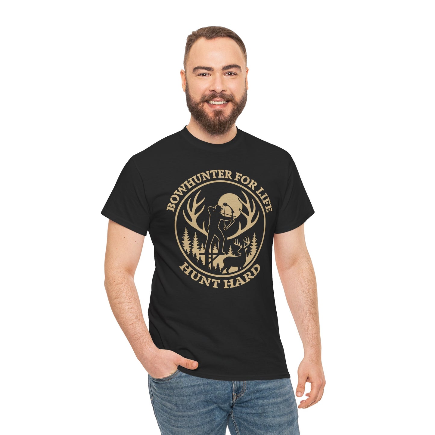 Unisex Heavy Cotton Tee featuring 'Bowhunter for Life - Hunt Hard' Graphic, Perfect for Hunters, Outdoor Enthusiasts