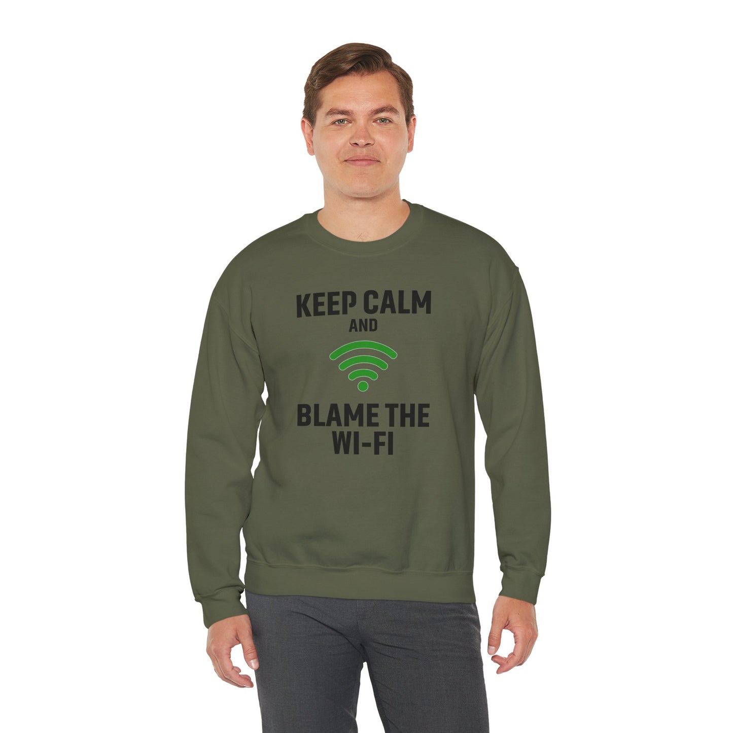 Keep Calm Blame the WiFi Funny  Sweatshirt, Geeky Crewneck, Internet Humor Apparel, Gift for Tech Lovers, Cozy Lounge Wear
