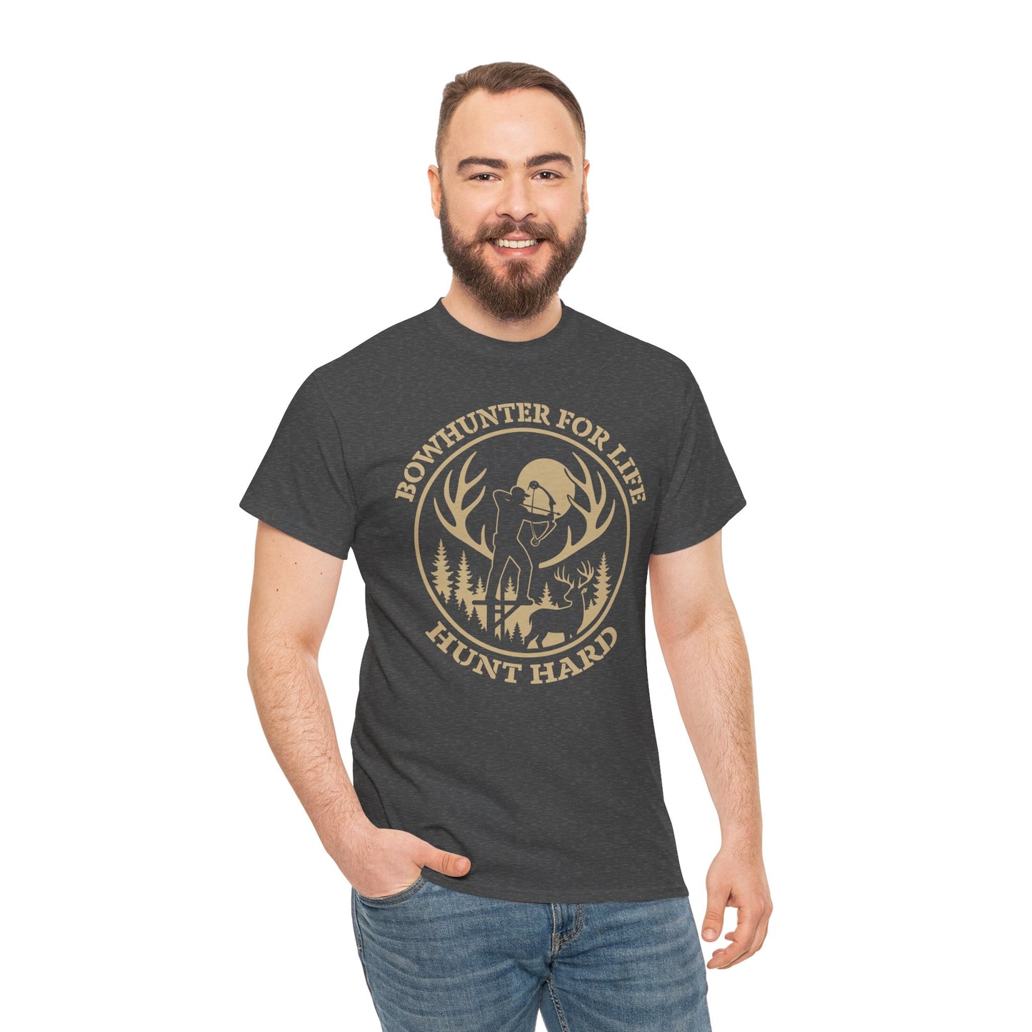 Unisex Heavy Cotton Tee featuring 'Bowhunter for Life - Hunt Hard' Graphic, Perfect for Hunters, Outdoor Enthusiasts