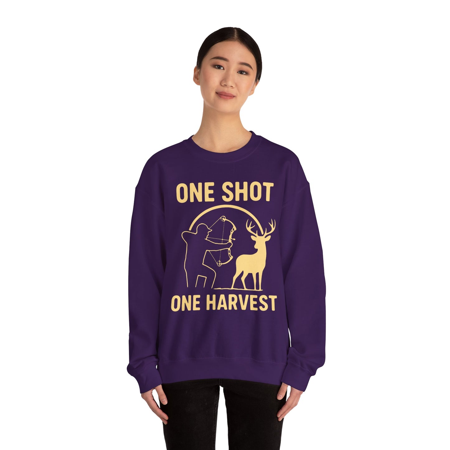 Hunting-Themed Crewneck Sweatshirt, Outdoor Apparel, Gift for Hunters, Fall Fashion, Men's Sweatshirt, One Shot One Harvest
