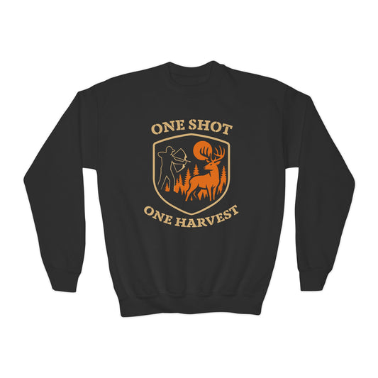 Youth Hunting Sweatshirt, One Shot One Harvest, Perfect Gift for Young Hunters, Outdoor Sportswear, Fall and Winter Apparel