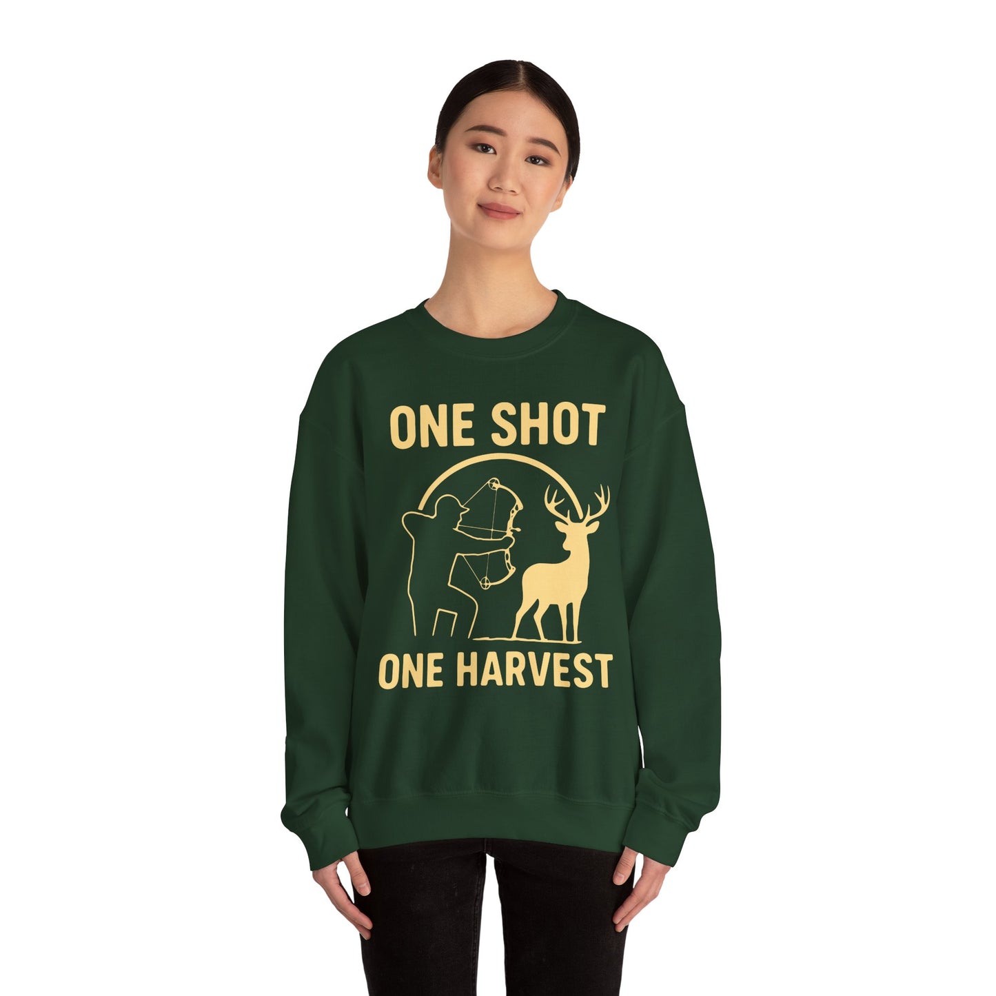 Hunting-Themed Crewneck Sweatshirt, Outdoor Apparel, Gift for Hunters, Fall Fashion, Men's Sweatshirt, One Shot One Harvest