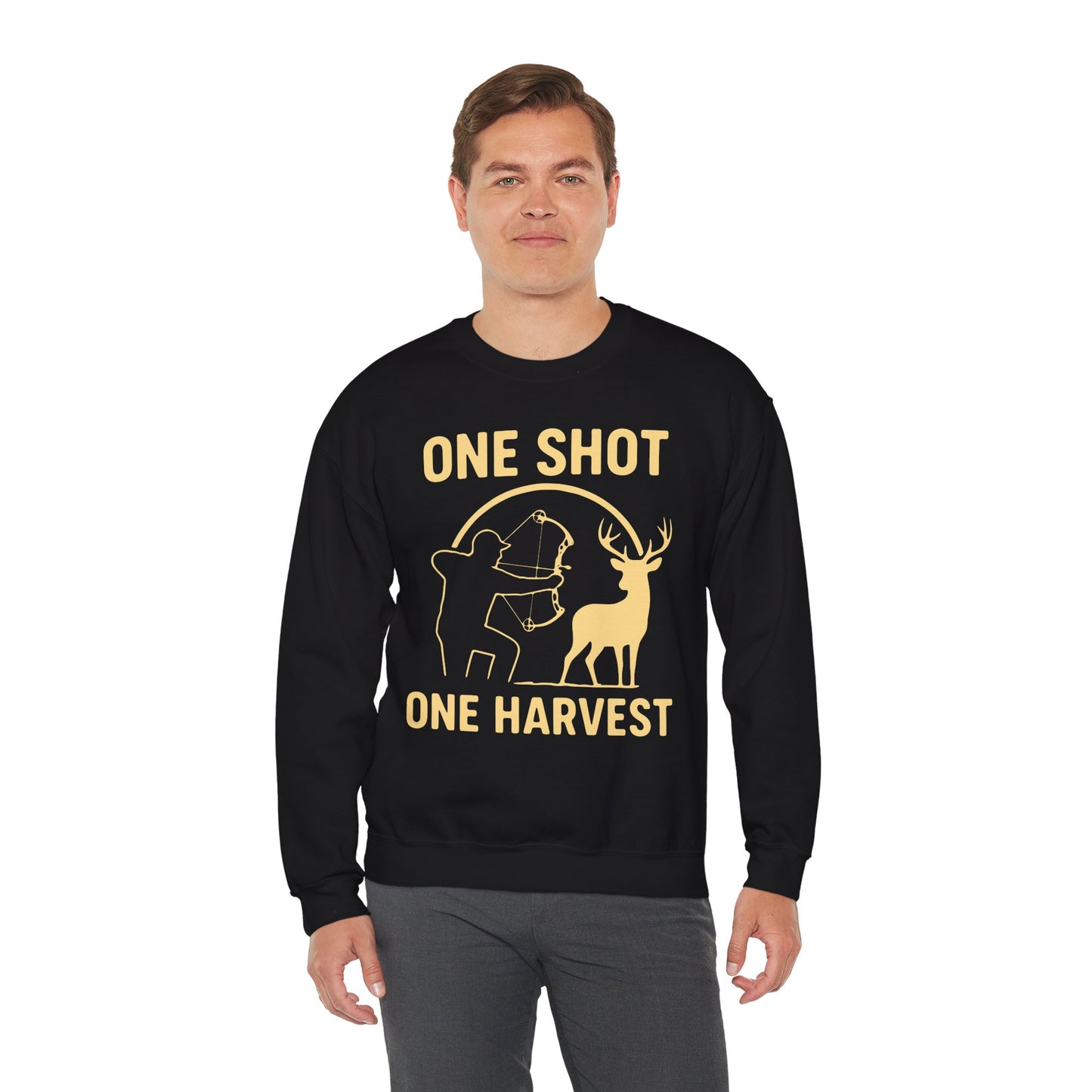 Hunting-Themed Crewneck Sweatshirt, Outdoor Apparel, Gift for Hunters, Fall Fashion, Men's Sweatshirt, One Shot One Harvest