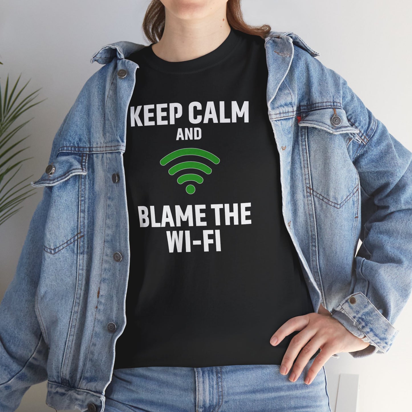 Keep Calm Blame the Wi-Fi Tee, Funny Unisex Heavy Cotton Tee, Perfect for Tech Lovers, Office Gifts, Internet Humor Shirt