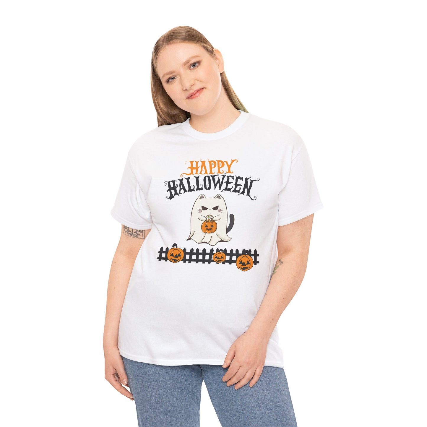Halloween Cat Heavy Cotton Tee, Unisex, Spooky Fall Apparel, Cat Lover Shirt