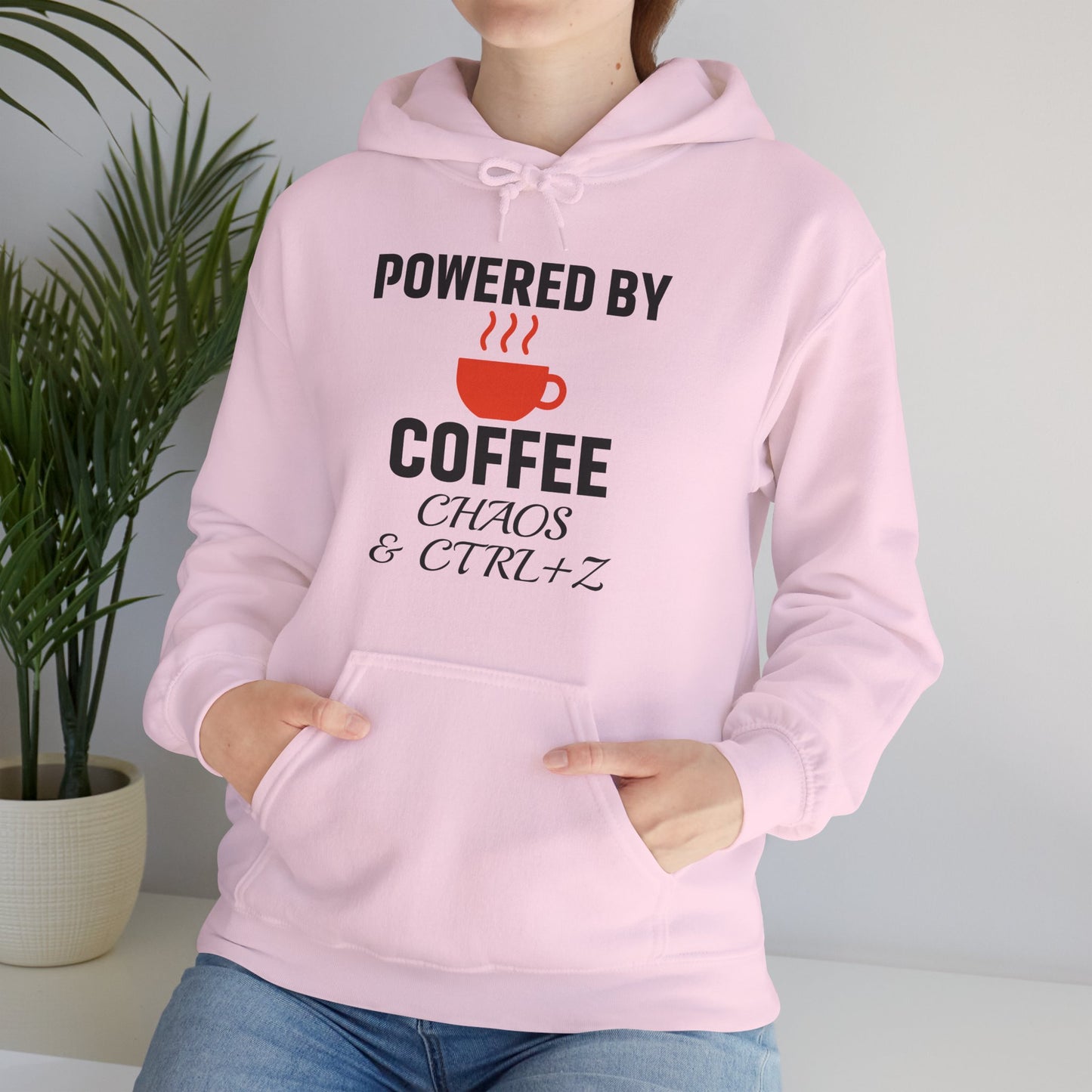 Powered By Coffee Chaos And CTRL+Z Unisex Hoodie | Cozy Gift for Coffee Lovers, Funny Sweatshirt, Office Work Attire, Perfect Gift