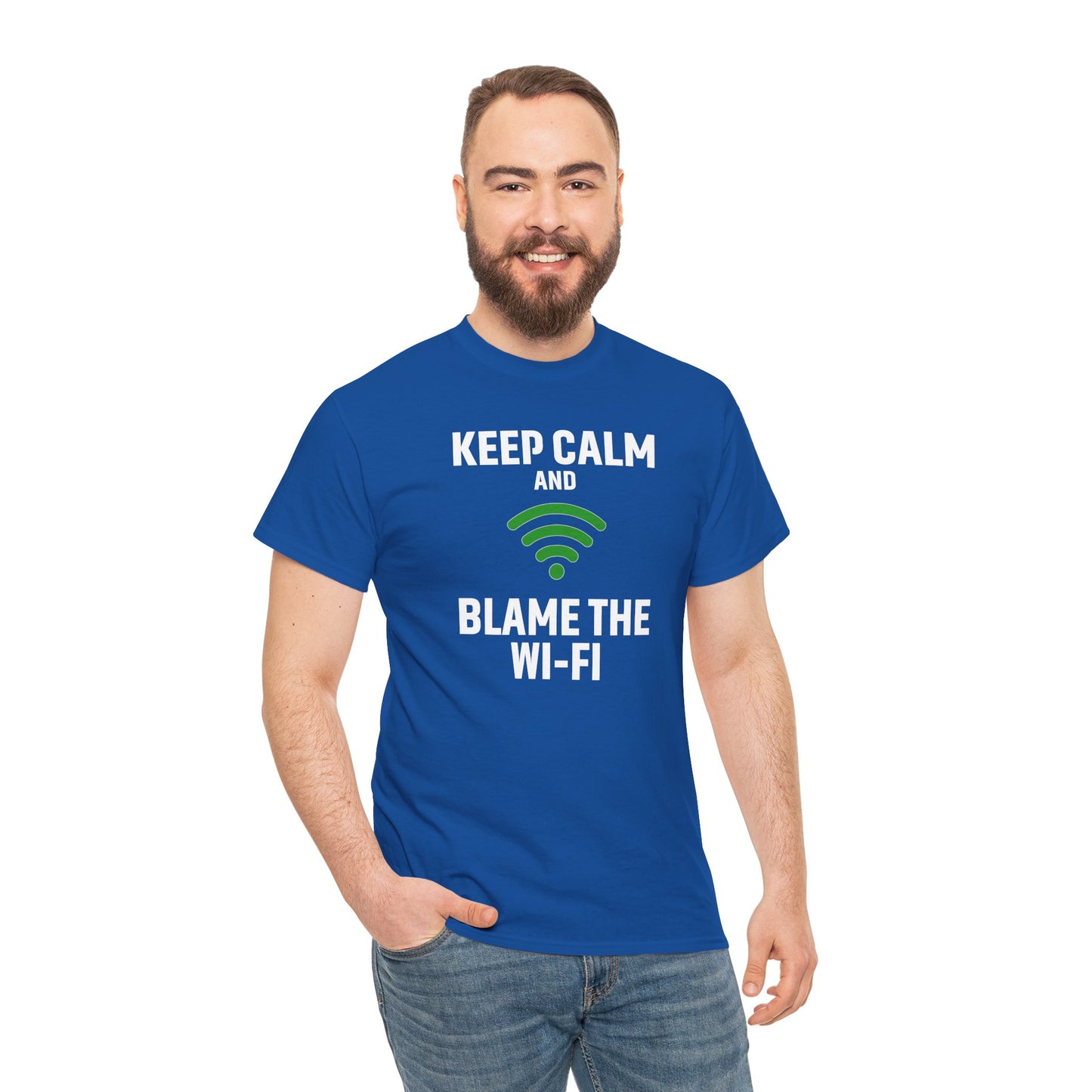 Keep Calm Blame the Wi-Fi Tee, Funny Unisex Heavy Cotton Tee, Perfect for Tech Lovers, Office Gifts, Internet Humor Shirt