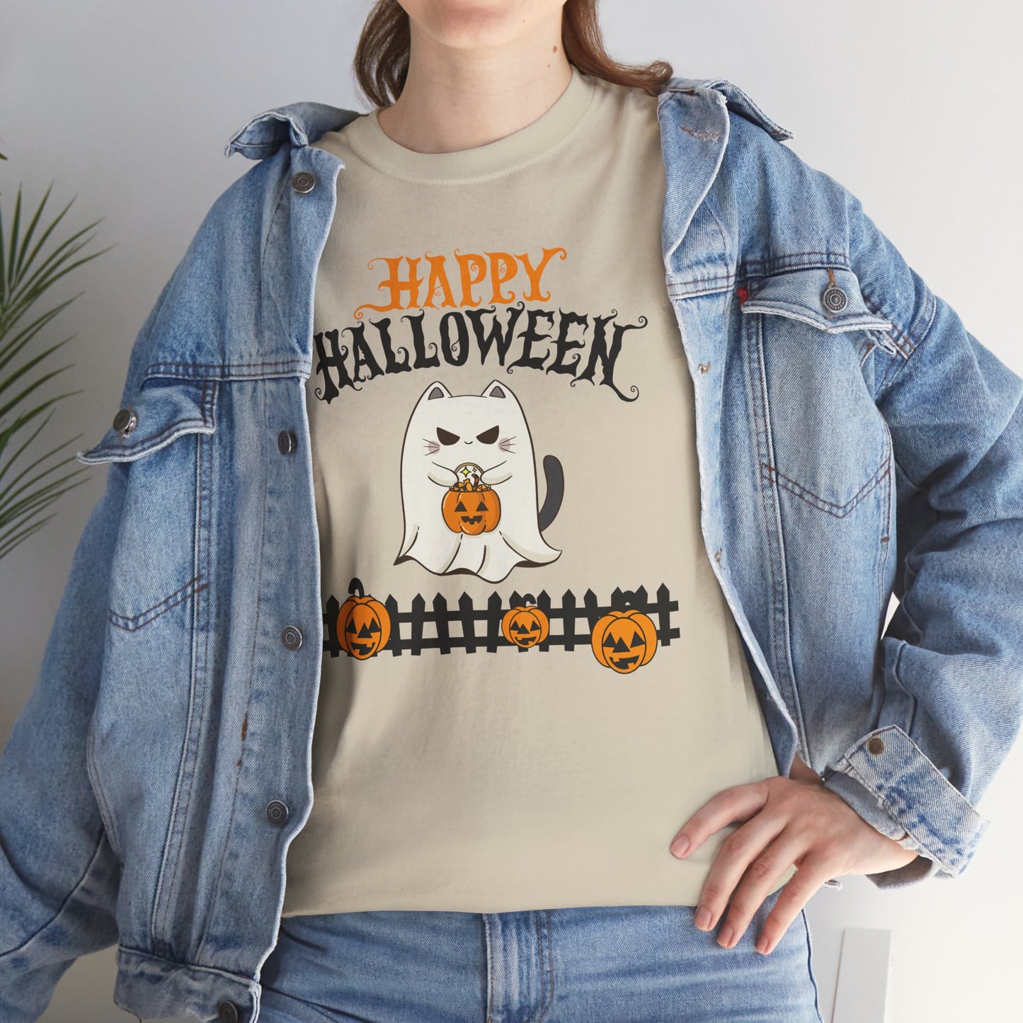 Halloween Cat Heavy Cotton Tee, Unisex, Spooky Fall Apparel, Cat Lover Shirt