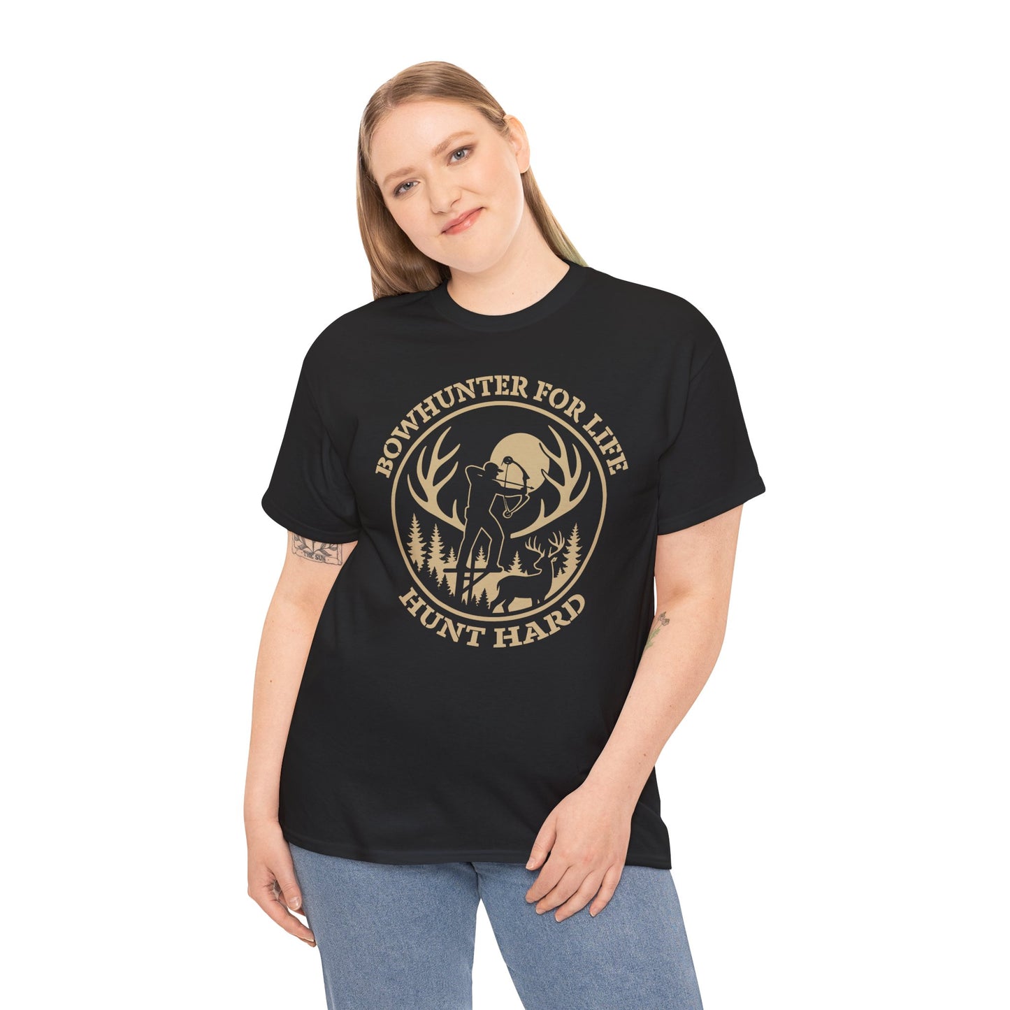 Unisex Heavy Cotton Tee featuring 'Bowhunter for Life - Hunt Hard' Graphic, Perfect for Hunters, Outdoor Enthusiasts