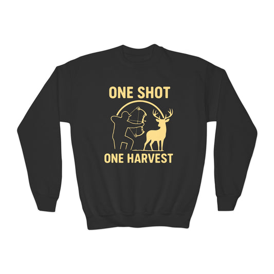 Youth Hunting Sweatshirt - One Shot One Harvest, Kids Outdoor Apparel, Fall Season Gift, Youth Crewneck Pullover, Birthday Gift