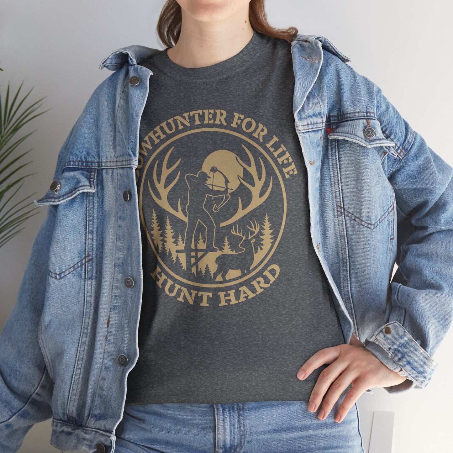 Unisex Heavy Cotton Tee featuring 'Bowhunter for Life - Hunt Hard' Graphic, Perfect for Hunters, Outdoor Enthusiasts