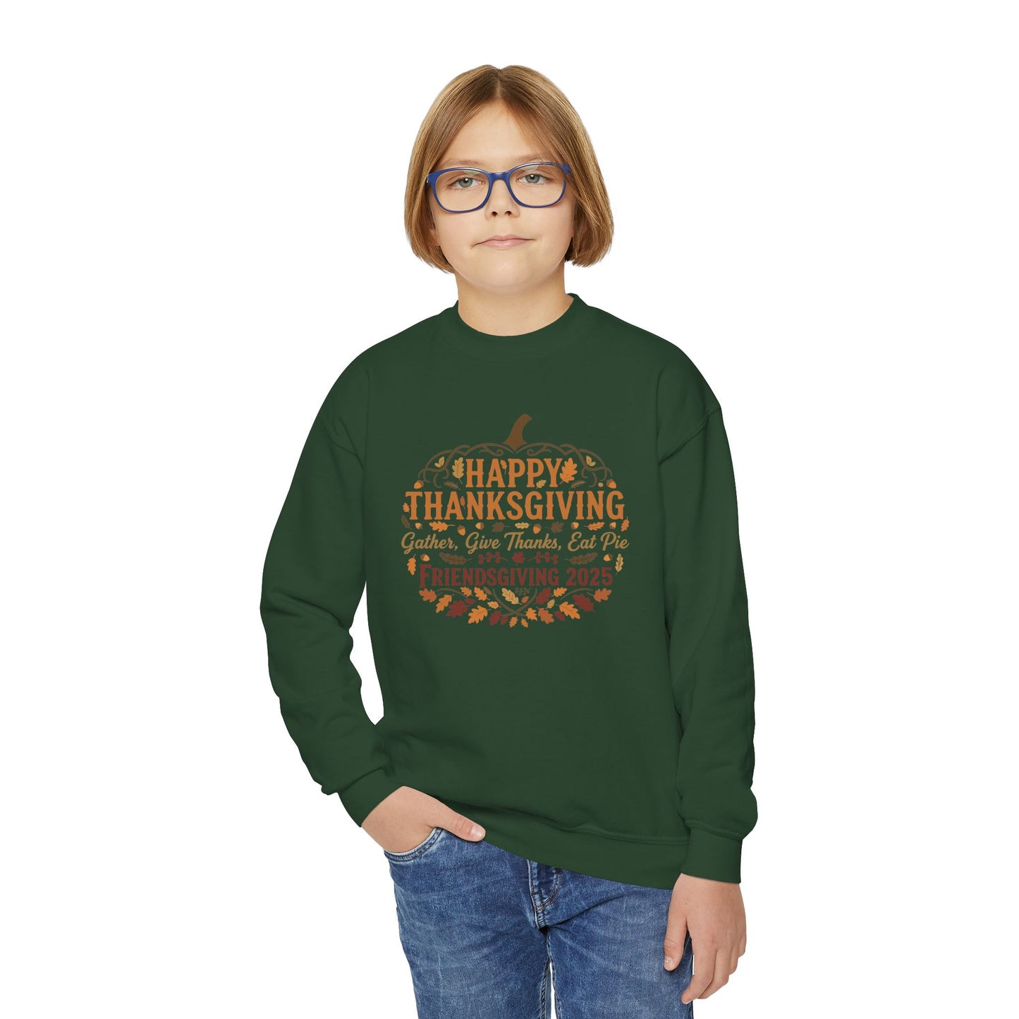 Happy Thanksgiving Youth Crewneck Sweatshirt, Fall Apparel, Pumpkin Design, Cozy Gift, Friendsgiving 2025