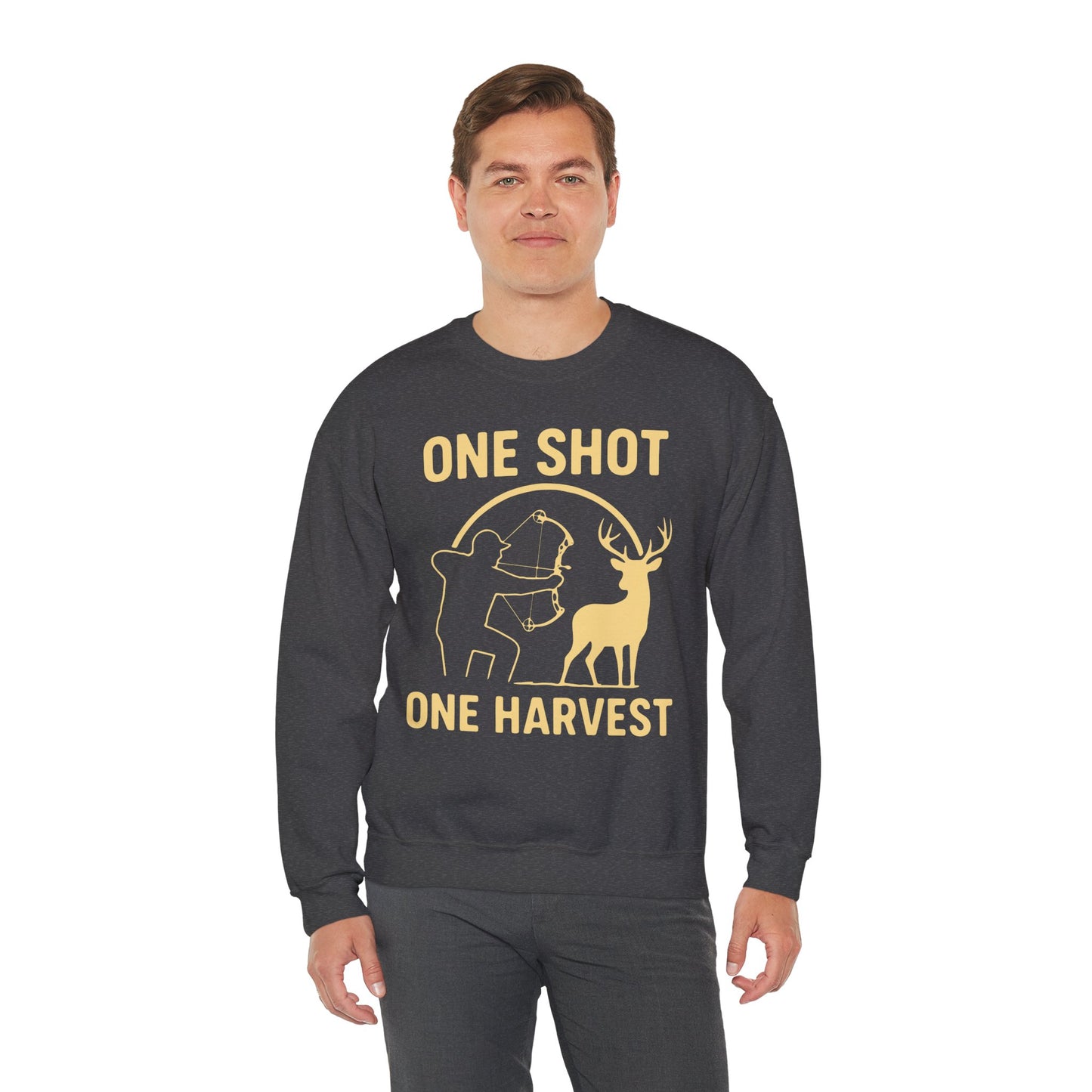 Hunting-Themed Crewneck Sweatshirt, Outdoor Apparel, Gift for Hunters, Fall Fashion, Men's Sweatshirt, One Shot One Harvest