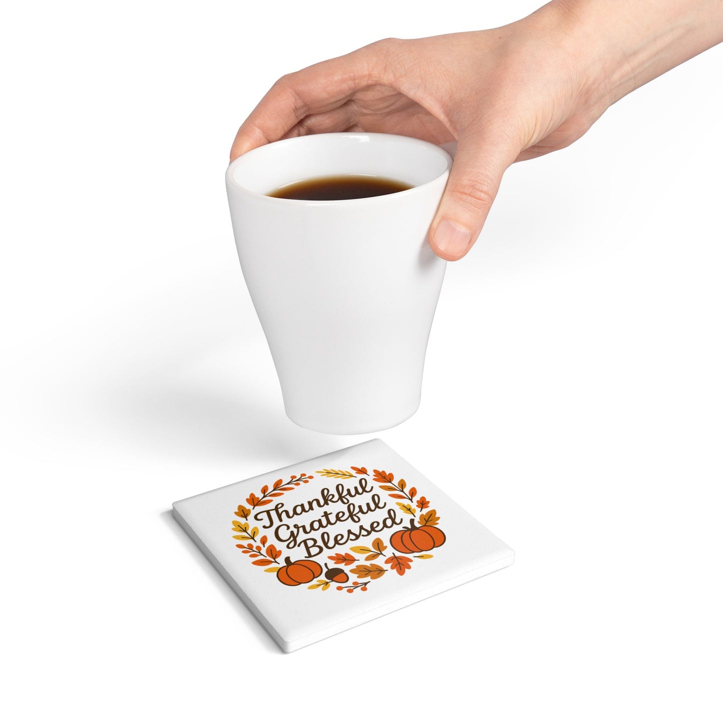 Thankful Grateful Blessed Ceramic Coaster - Fall Decor, Harvest Celebration, Autumn Gift, Thanksgiving Table, Home Decor