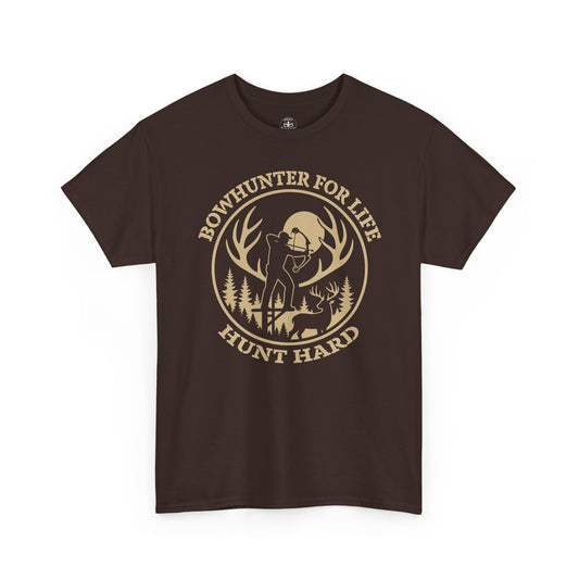 Unisex Heavy Cotton Tee featuring 'Bowhunter for Life - Hunt Hard' Graphic, Perfect for Hunters, Outdoor Enthusiasts