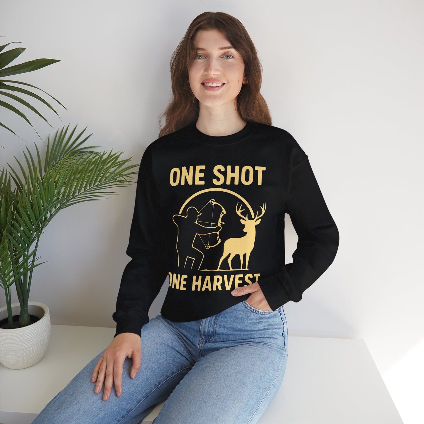 Hunting-Themed Crewneck Sweatshirt, Outdoor Apparel, Gift for Hunters, Fall Fashion, Men's Sweatshirt, One Shot One Harvest