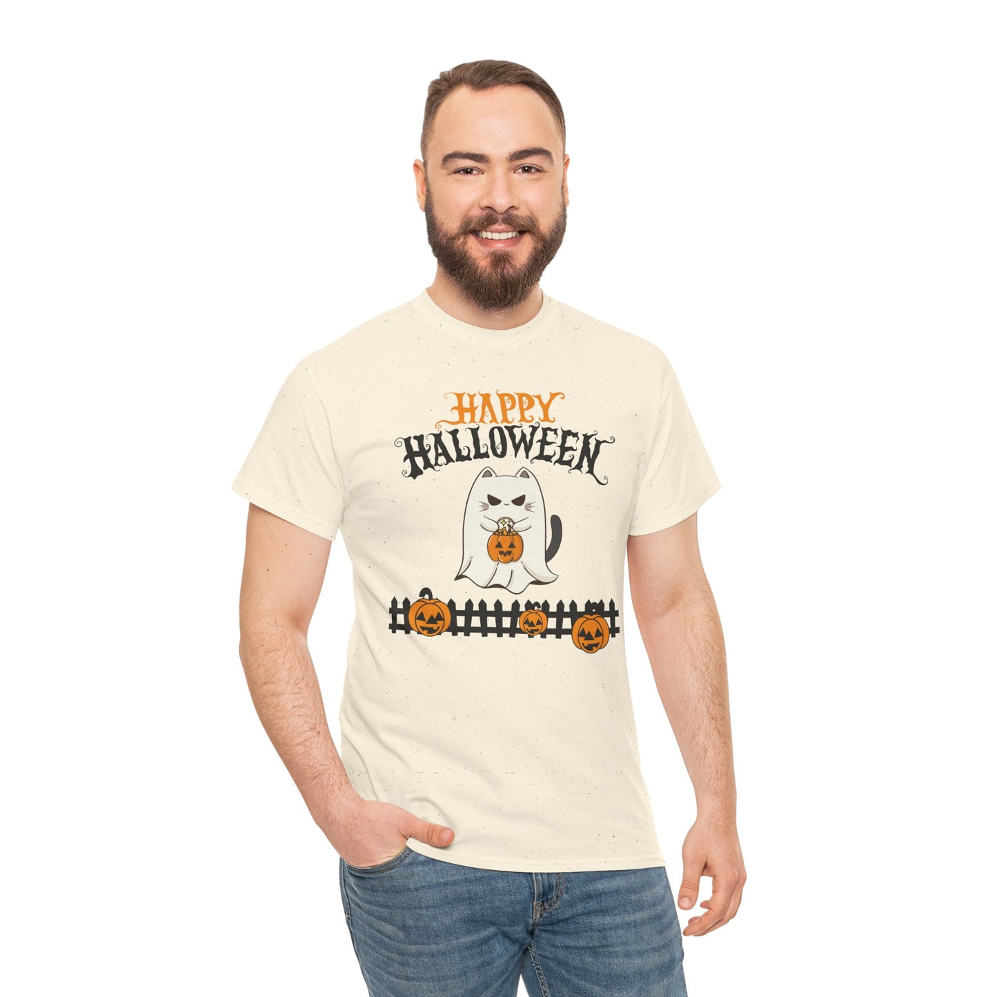 Halloween Cat Heavy Cotton Tee, Unisex, Spooky Fall Apparel, Cat Lover Shirt