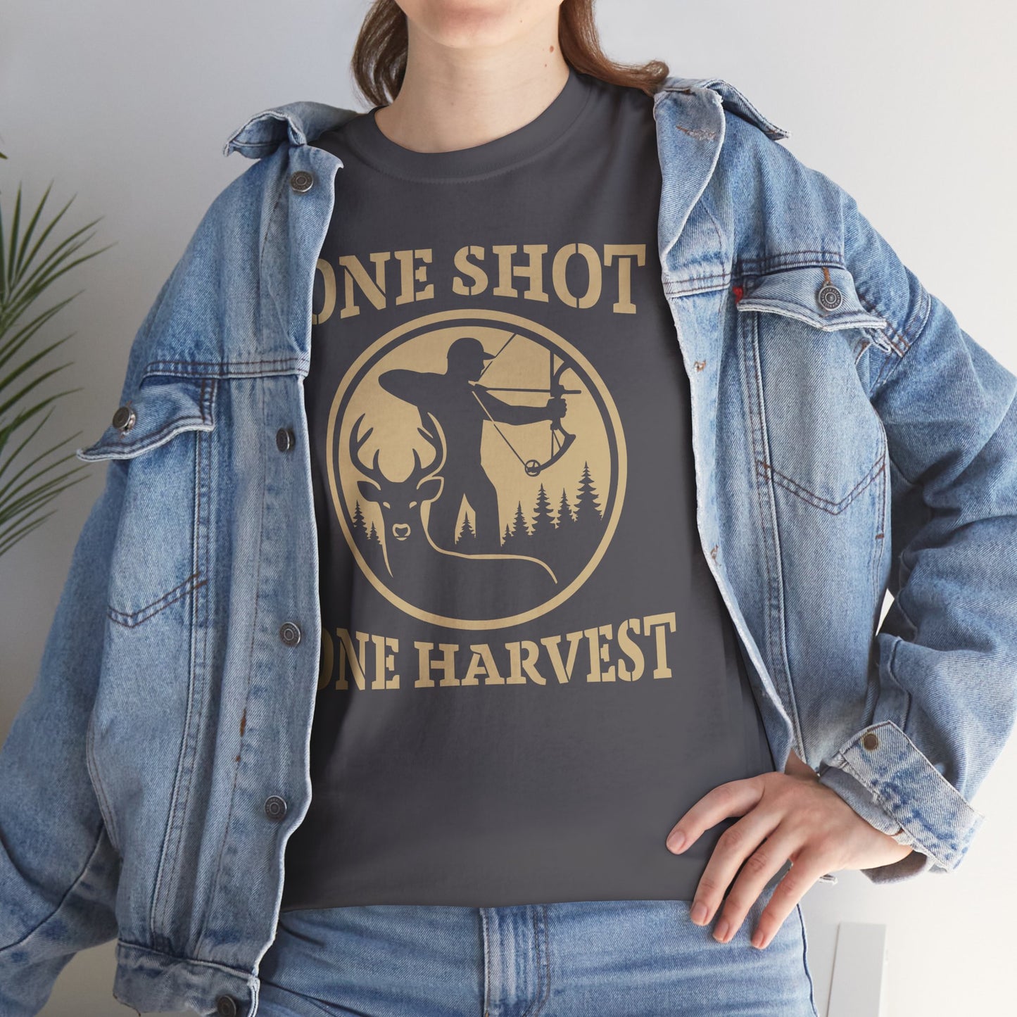 Hunting Tee, One Shot One Harvest Unisex Heavy Cotton Shirt, Outdoor Adventure Wear, Gift for Hunters, Camping Apparel, Fall Sportswear