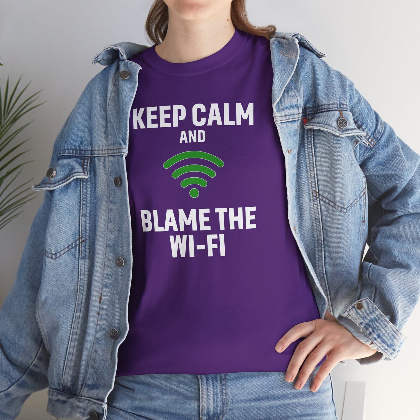 Keep Calm Blame the Wi-Fi Tee, Funny Unisex Heavy Cotton Tee, Perfect for Tech Lovers, Office Gifts, Internet Humor Shirt