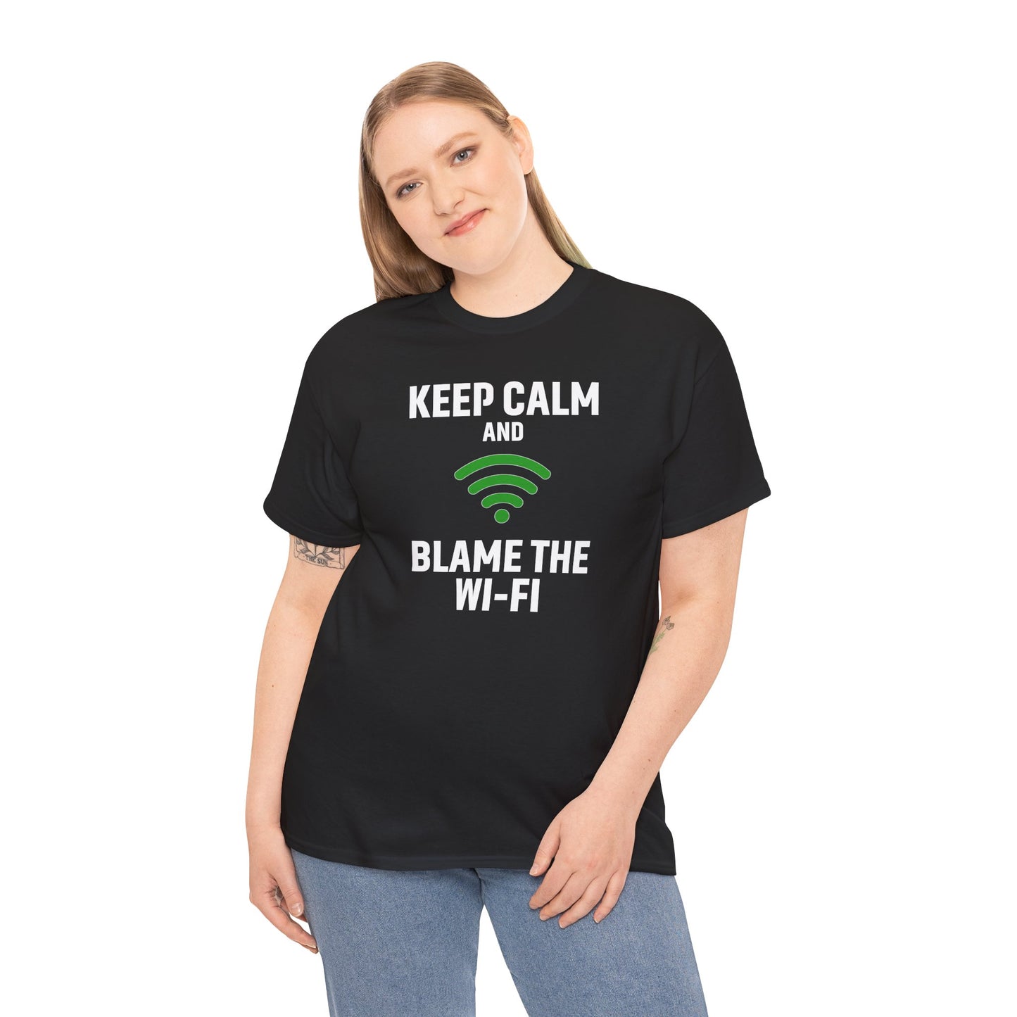 Keep Calm Blame the Wi-Fi Tee, Funny Unisex Heavy Cotton Tee, Perfect for Tech Lovers, Office Gifts, Internet Humor Shirt