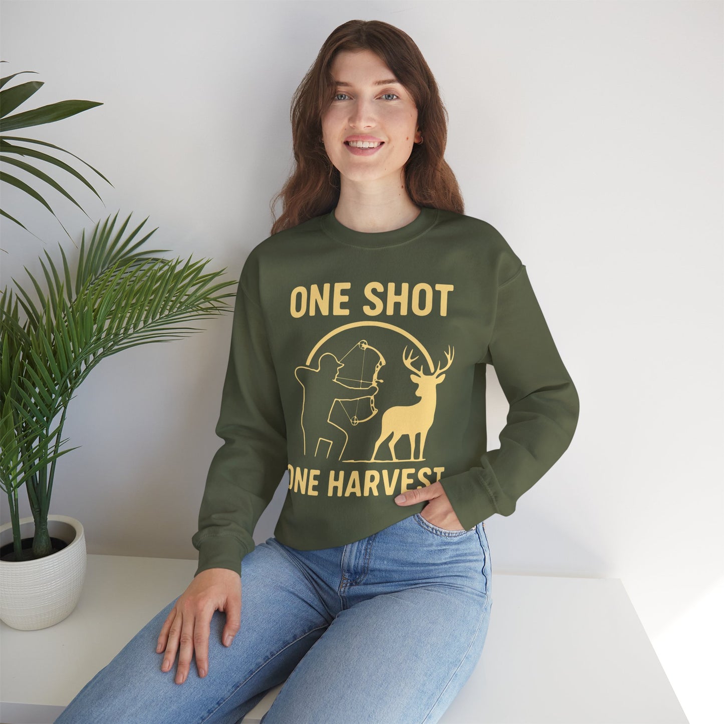 Hunting-Themed Crewneck Sweatshirt, Outdoor Apparel, Gift for Hunters, Fall Fashion, Men's Sweatshirt, One Shot One Harvest