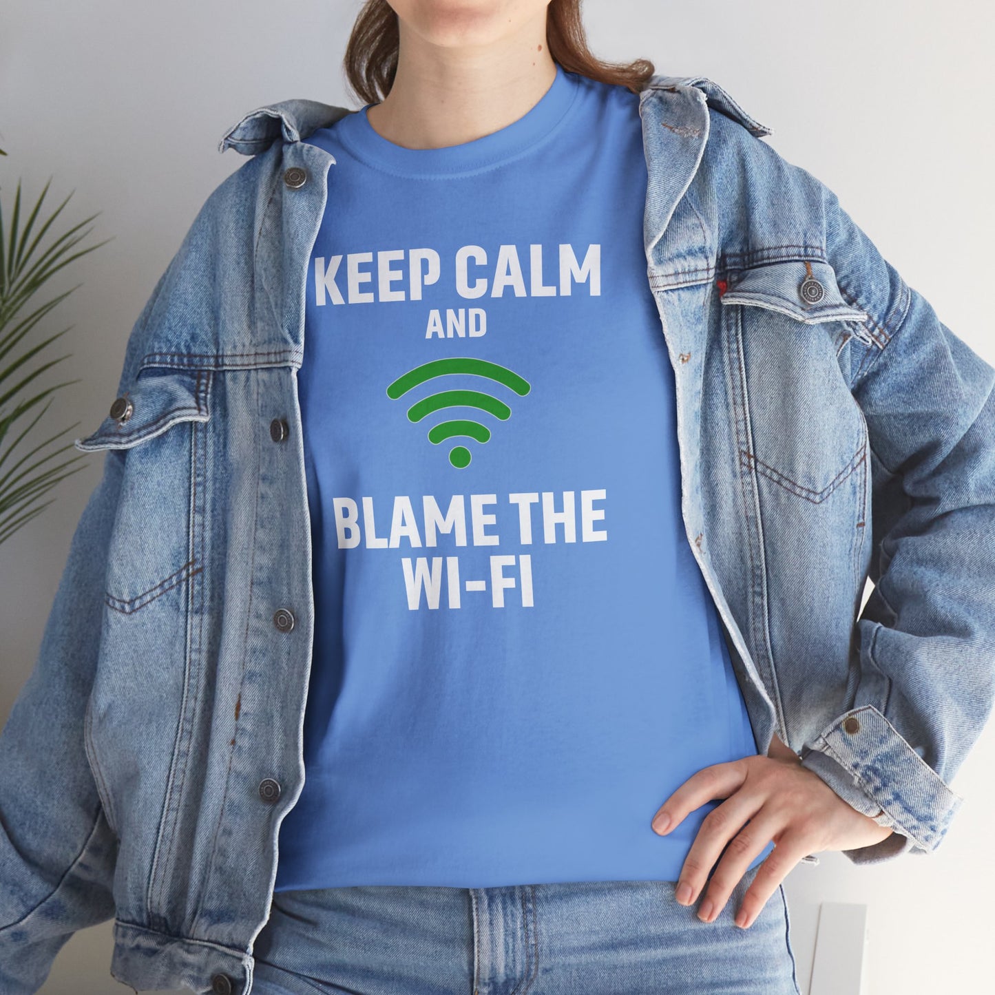 Keep Calm Blame the Wi-Fi Tee, Funny Unisex Heavy Cotton Tee, Perfect for Tech Lovers, Office Gifts, Internet Humor Shirt