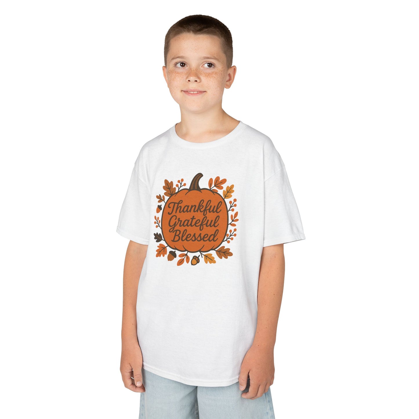 Thankful Grateful Blessed Kids Tee, Fall Shirt, Autumn Outfit, Thanksgiving Gift, Kids Cotton T-Shirt