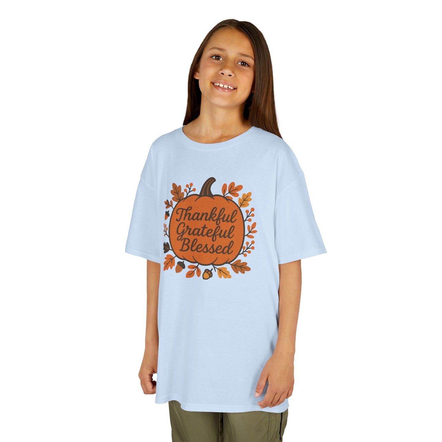 Thankful Grateful Blessed Kids Tee, Fall Shirt, Autumn Outfit, Thanksgiving Gift, Kids Cotton T-Shirt